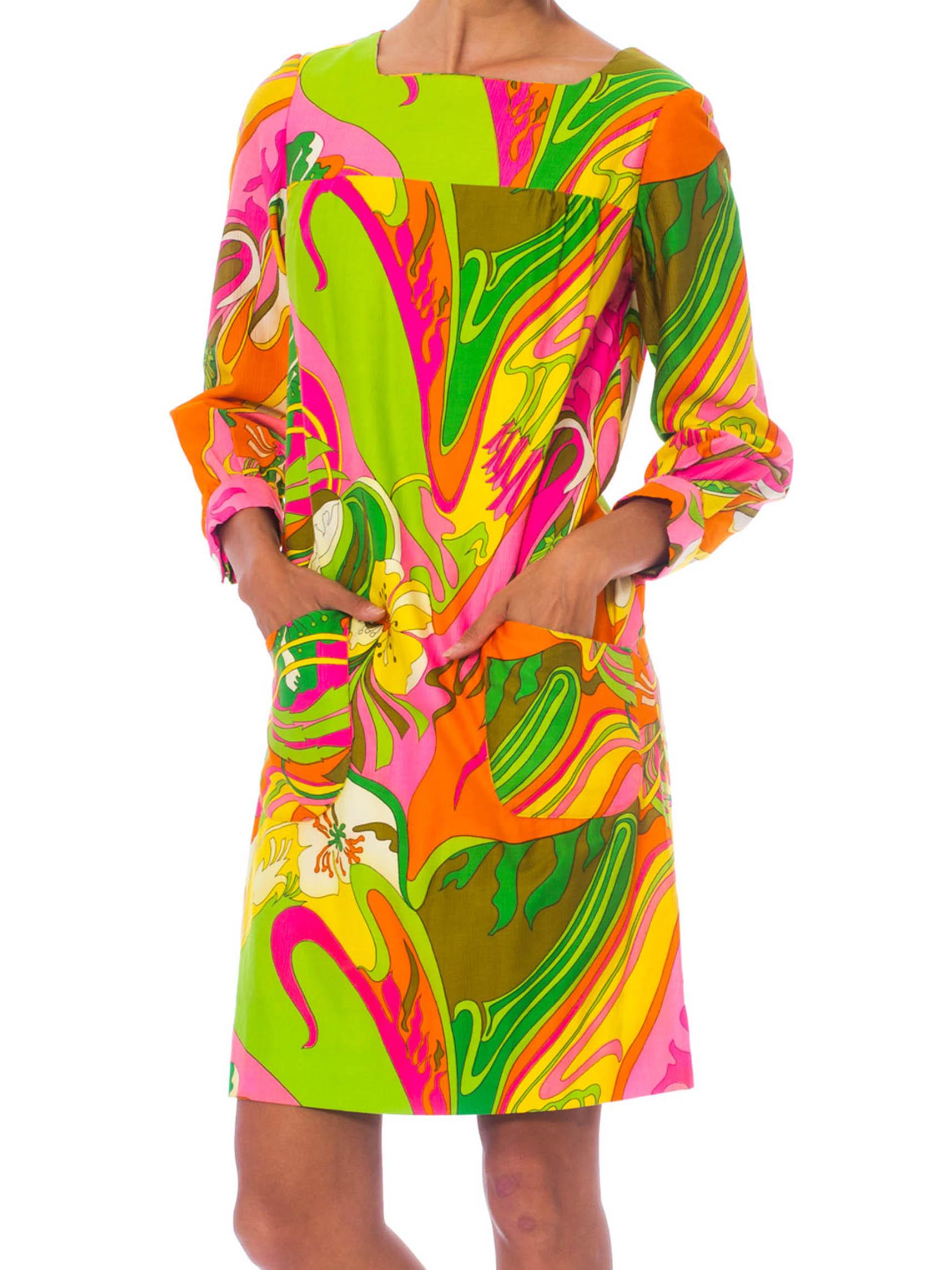 1960'S Pyschedelic Floral Baumwolle Langarm Mod Kleid mit Taschen