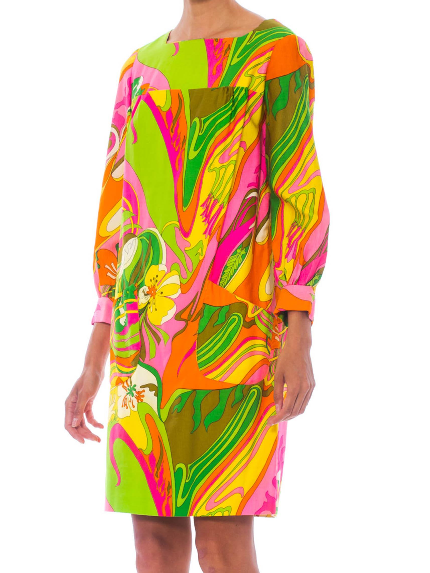 Women's 1960'S Pyschedelic Floral Cotton Long Sleeve Mod Dress With Pockets For Sale