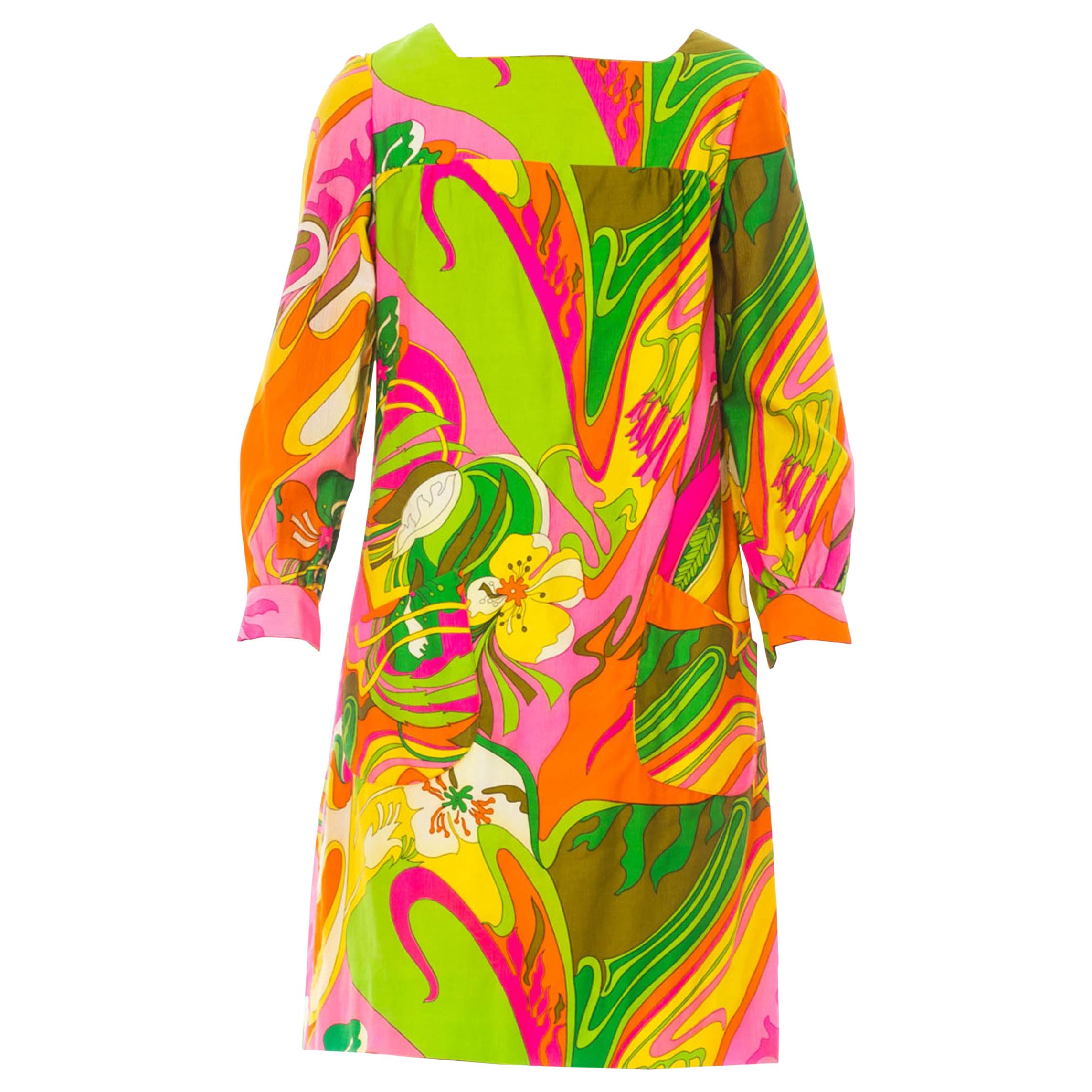 1960'S Pyschedelic Floral Cotton Long Sleeve Mod Dress With Pockets For Sale