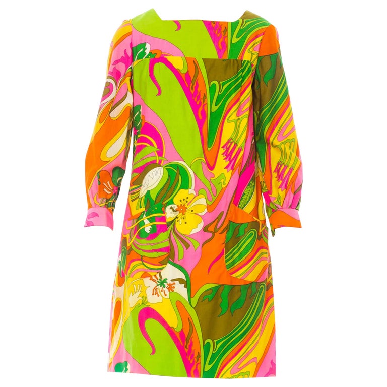 1960's Pyschedelic Floral Cotton Long Sleeve Mod Dress With Pockets