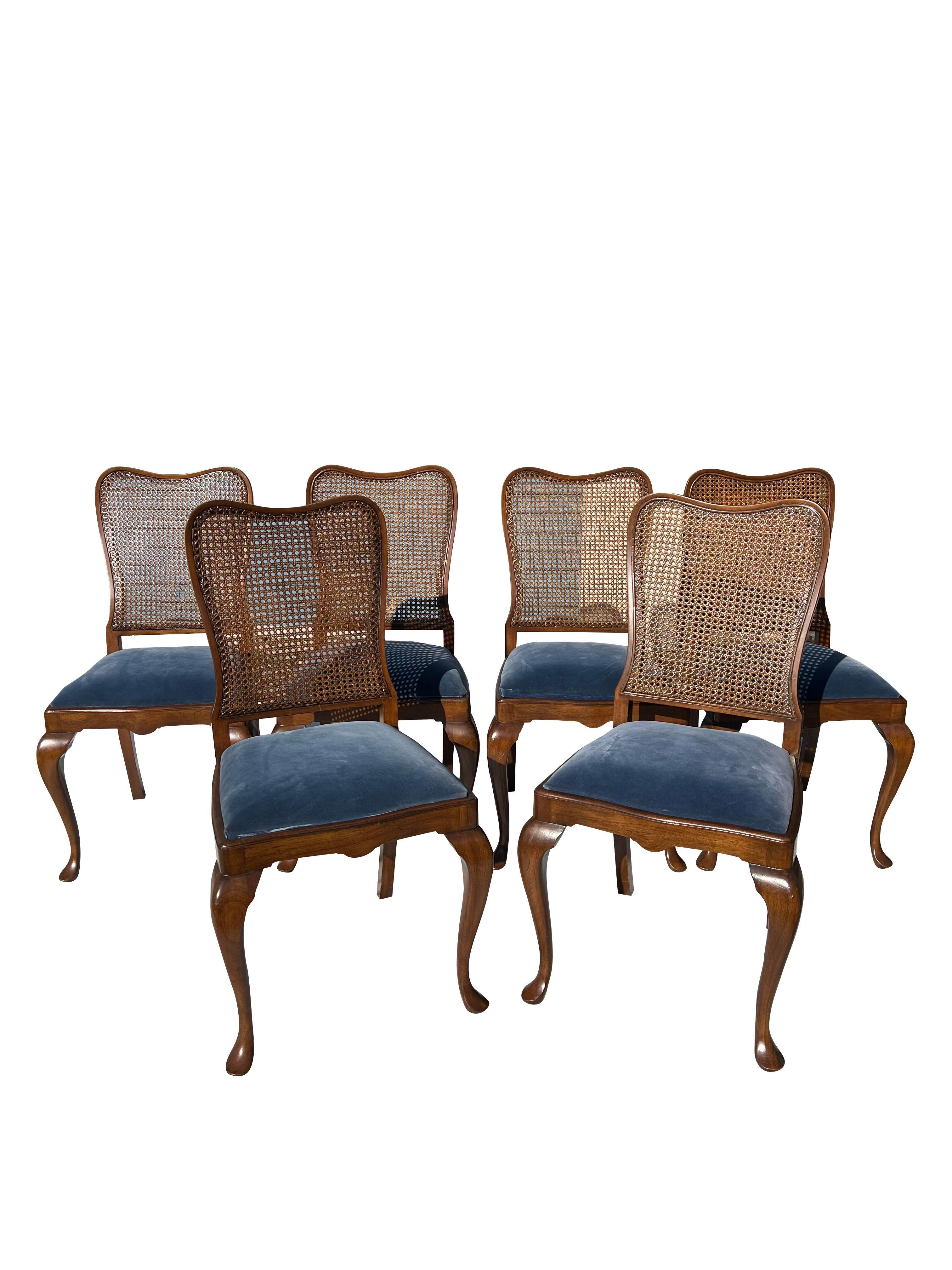 1960s Queen Anne Dining Chairs With Cane Backs and Plush Blue Seating - Set of 6 4
