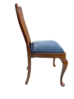 1960s Queen Anne Dining Chairs With Cane Backs and Plush Blue Seating - Set of 6