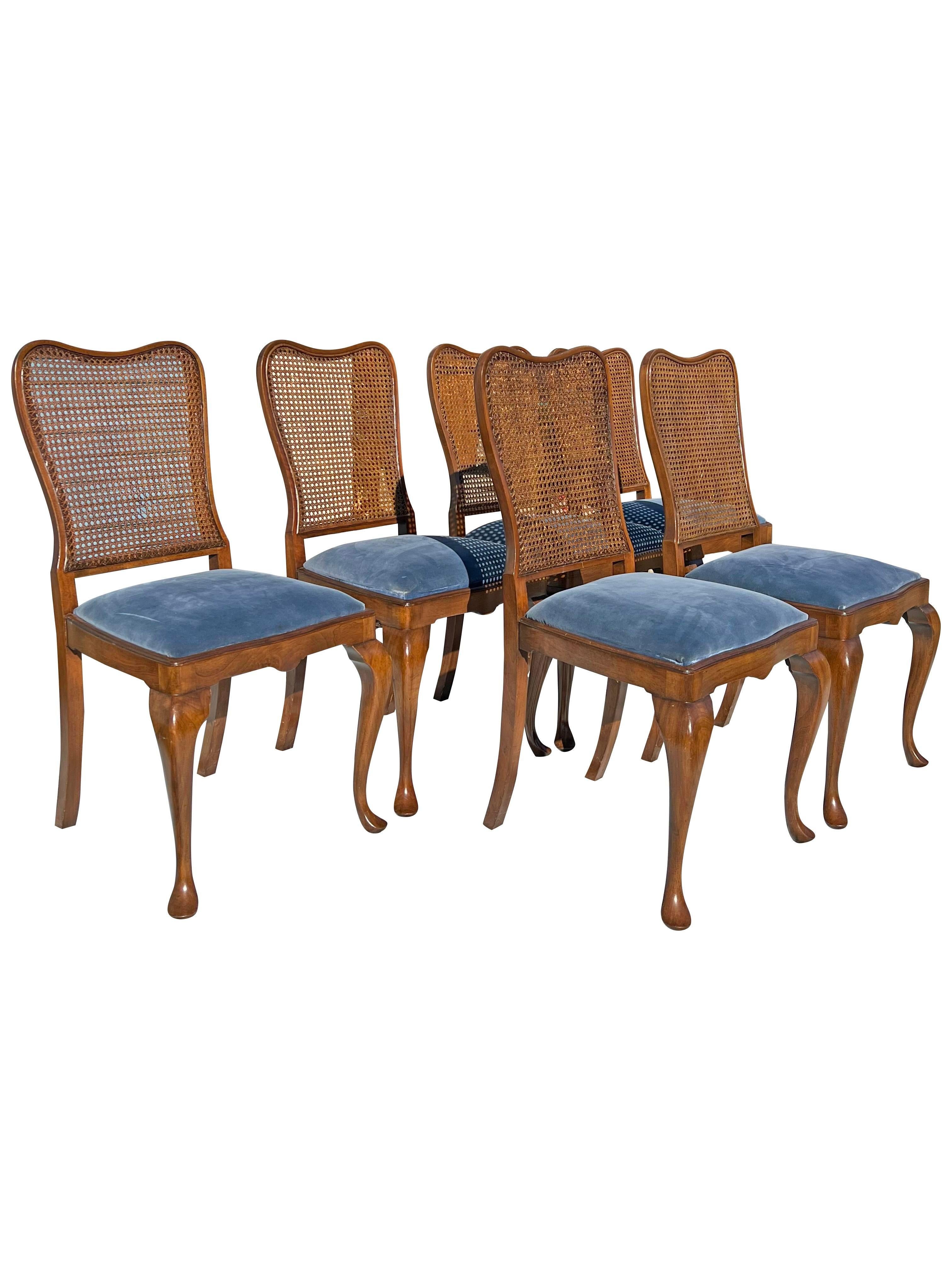 American 1960s Queen Anne Dining Chairs With Cane Backs and Plush Blue Seating - Set of 6