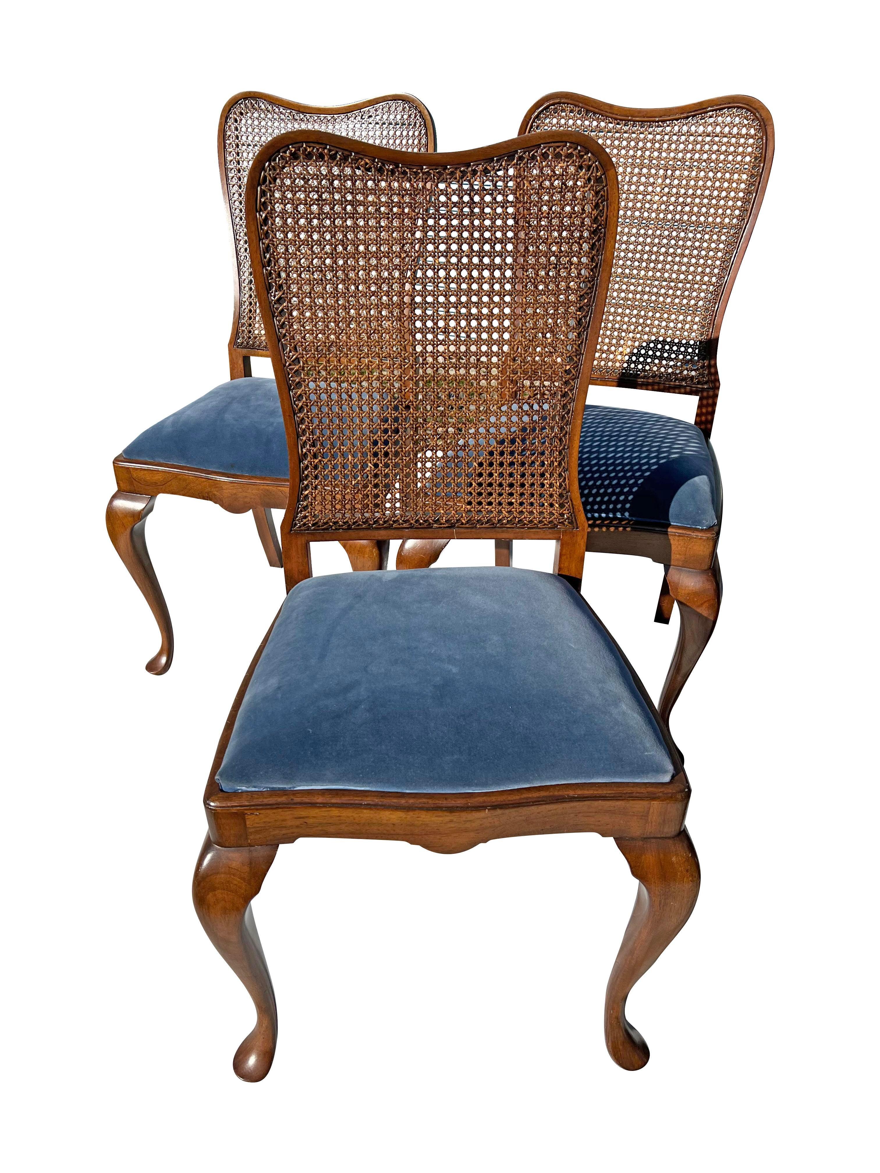 1960s Queen Anne Dining Chairs With Cane Backs and Plush Blue Seating - Set of 6 In Good Condition In Saddle River, NJ
