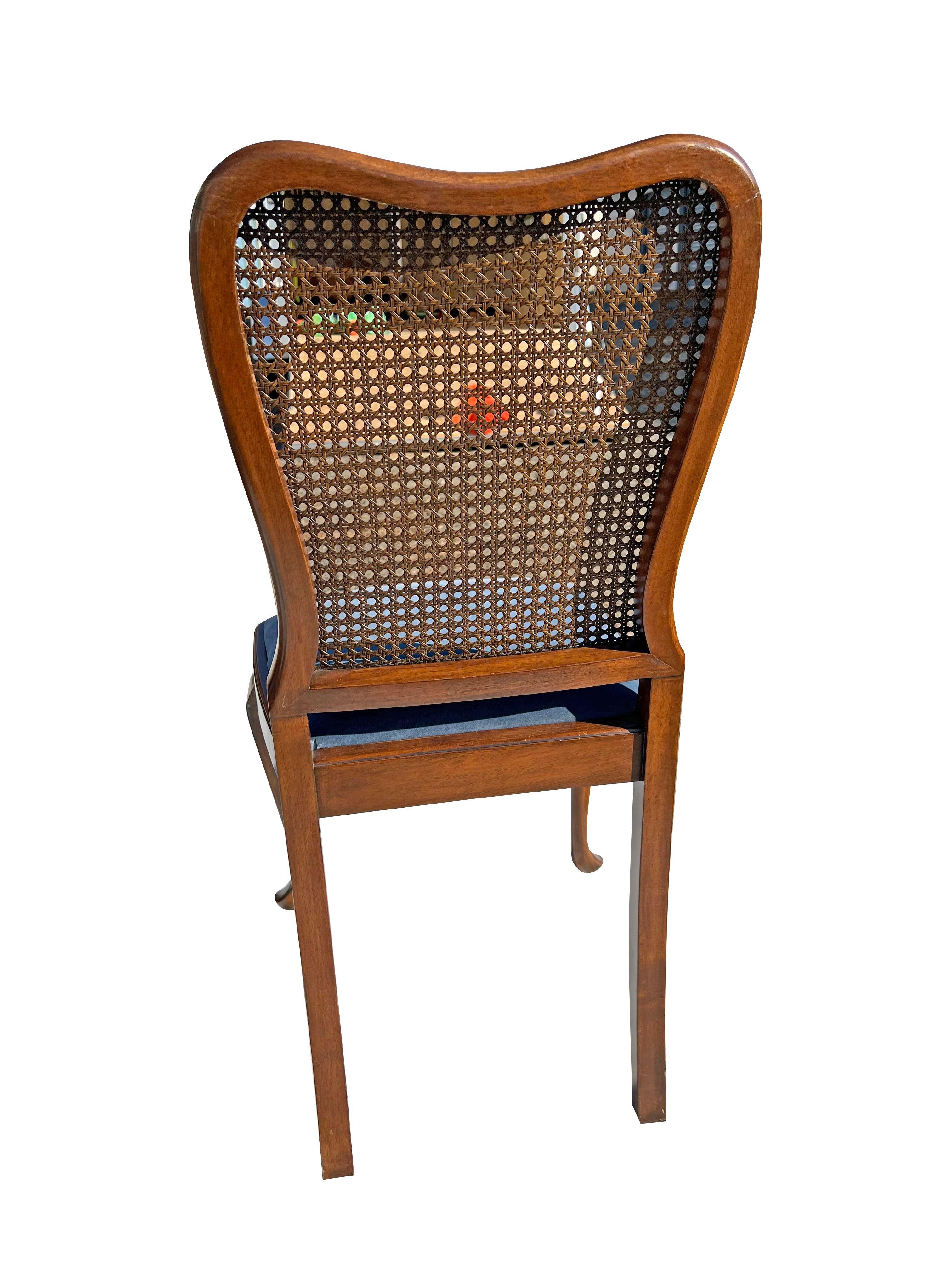 Mid-20th Century 1960s Queen Anne Dining Chairs With Cane Backs and Plush Blue Seating - Set of 6
