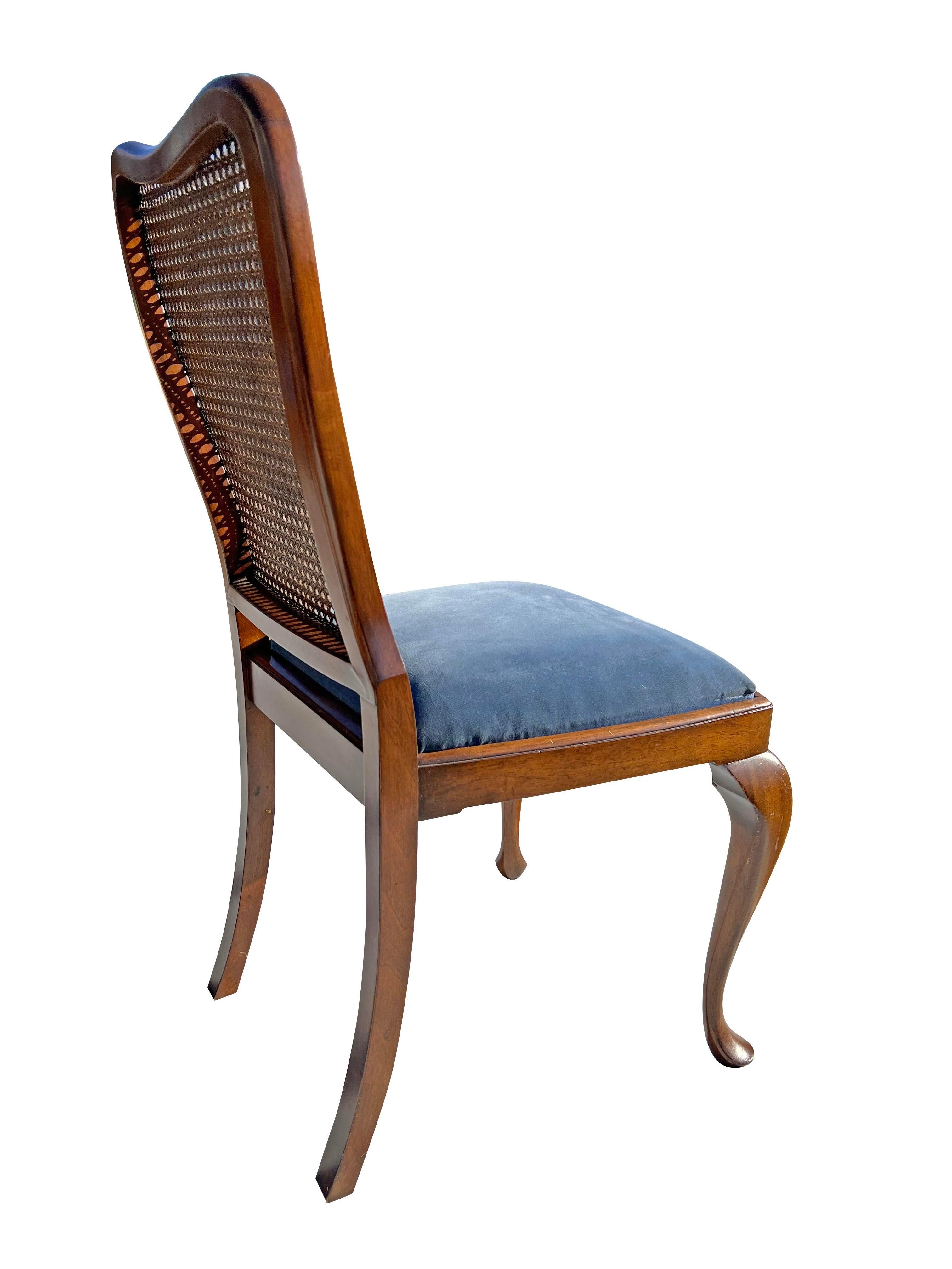 Upholstery 1960s Queen Anne Dining Chairs With Cane Backs and Plush Blue Seating - Set of 6