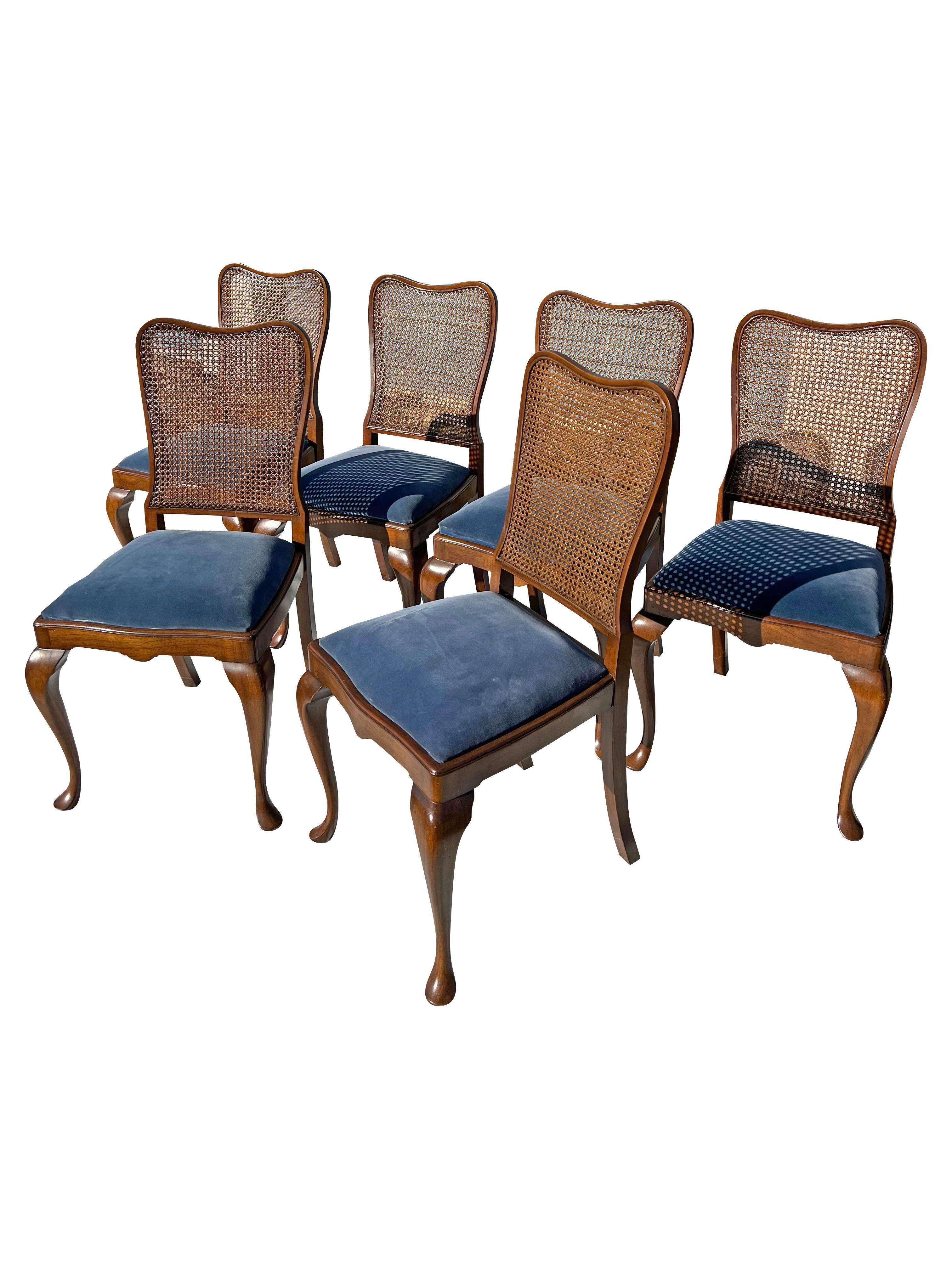 1960s Queen Anne Dining Chairs With Cane Backs and Plush Blue Seating - Set of 6 1