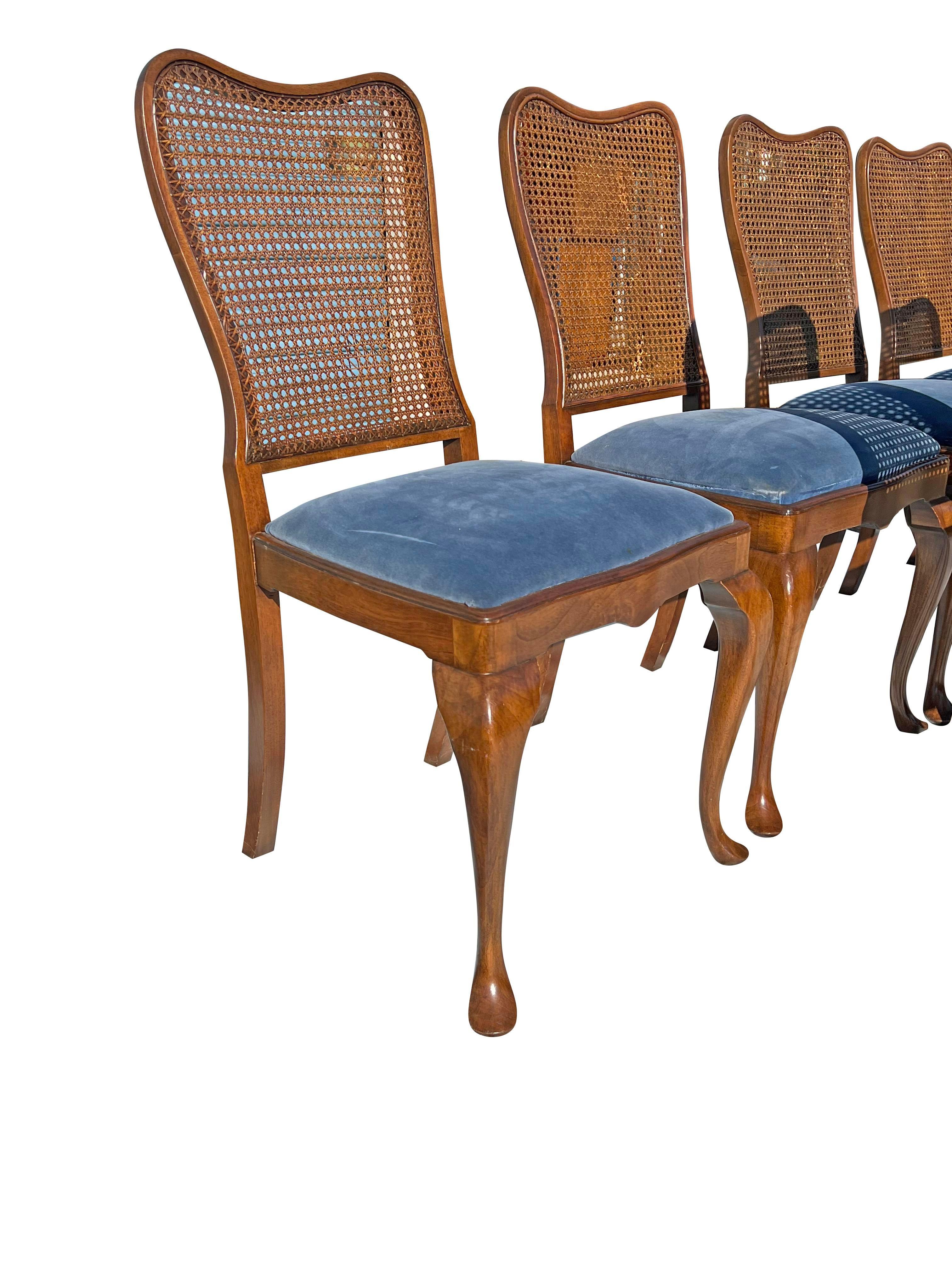 1960s Queen Anne Dining Chairs With Cane Backs and Plush Blue Seating - Set of 6 2