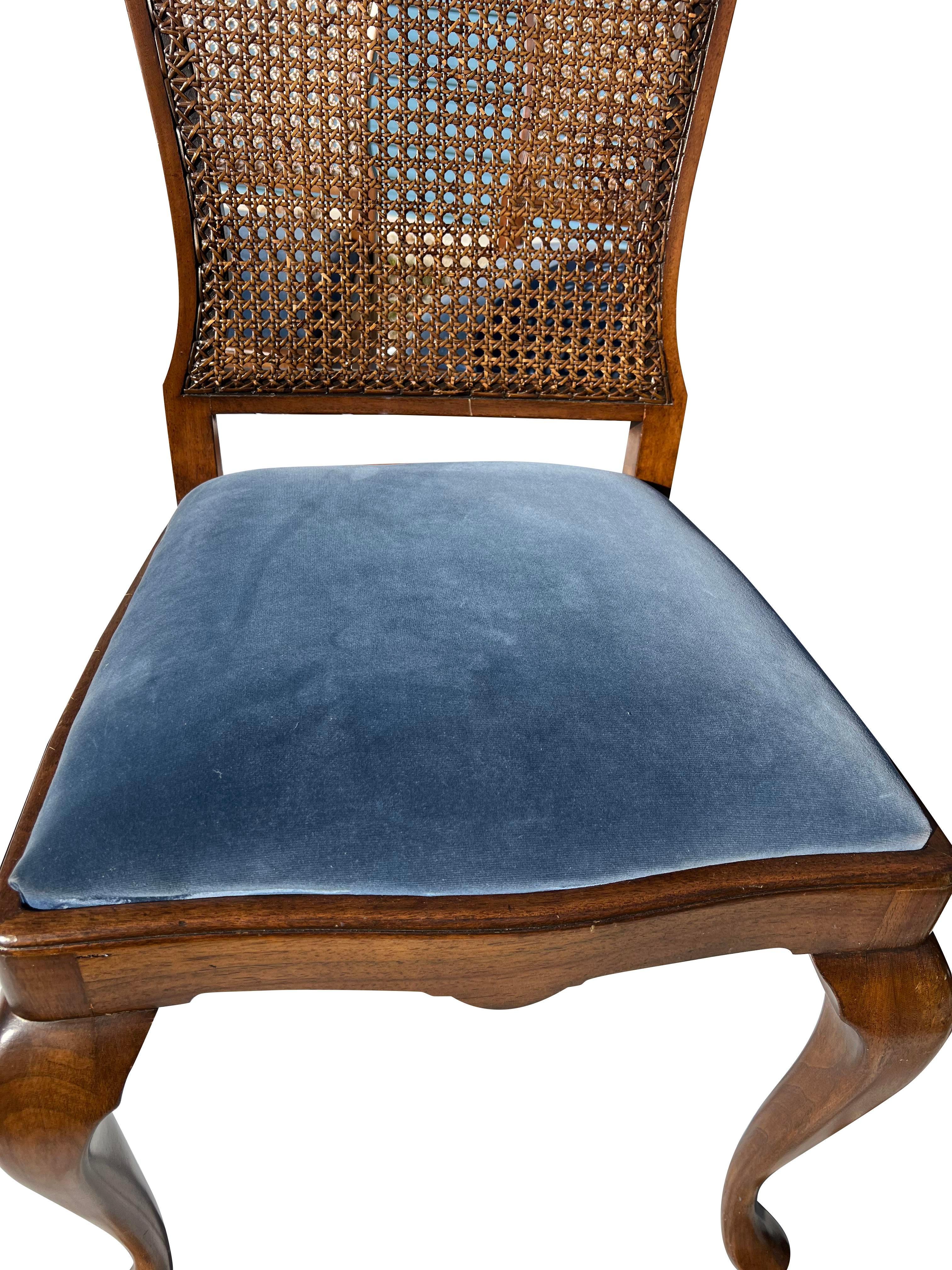 1960s Queen Anne Dining Chairs With Cane Backs and Plush Blue Seating - Set of 6 3