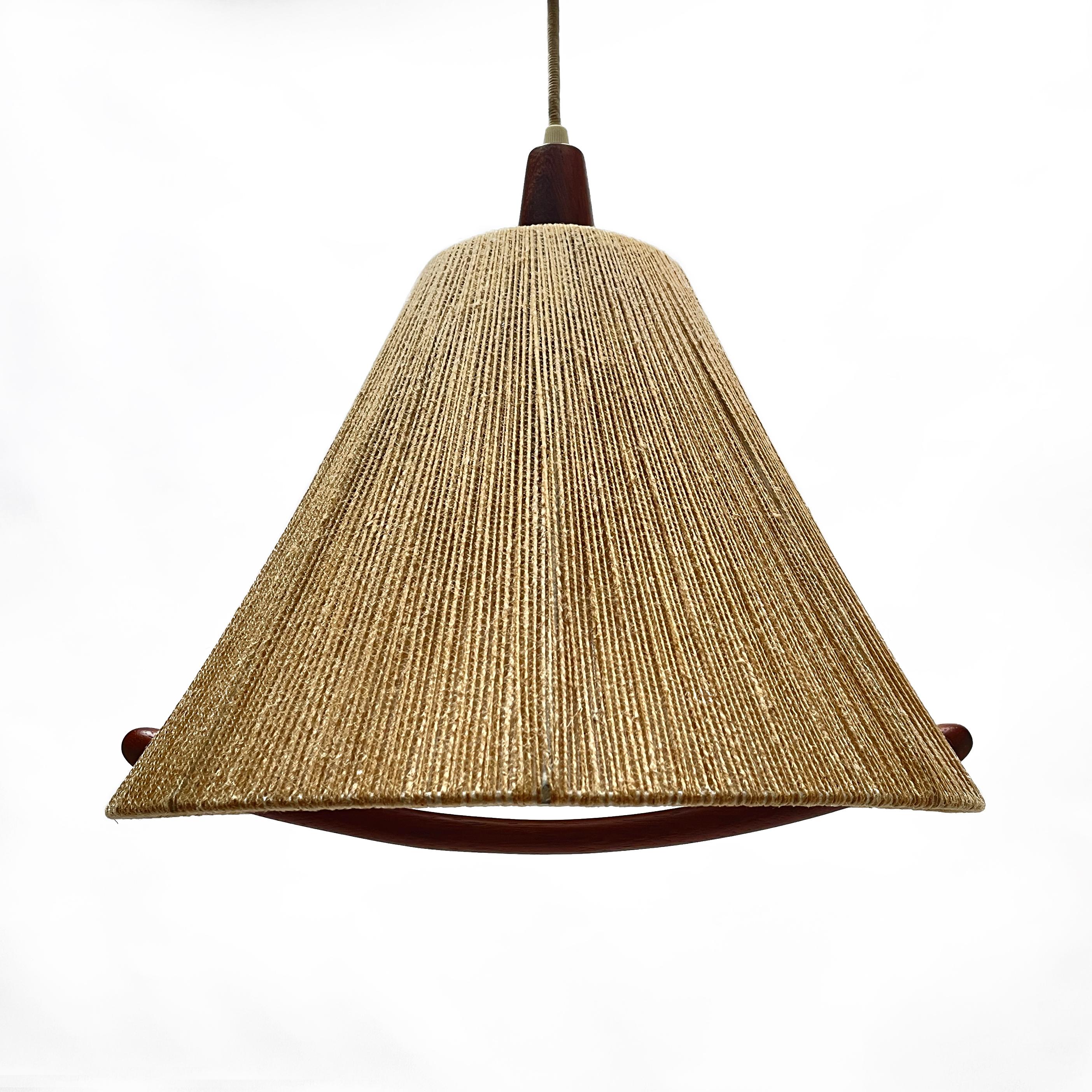 Mid-Century Modern 1960s Raffia Teak Pendant Lamp Type 324 from Temde, Switzerland For Sale