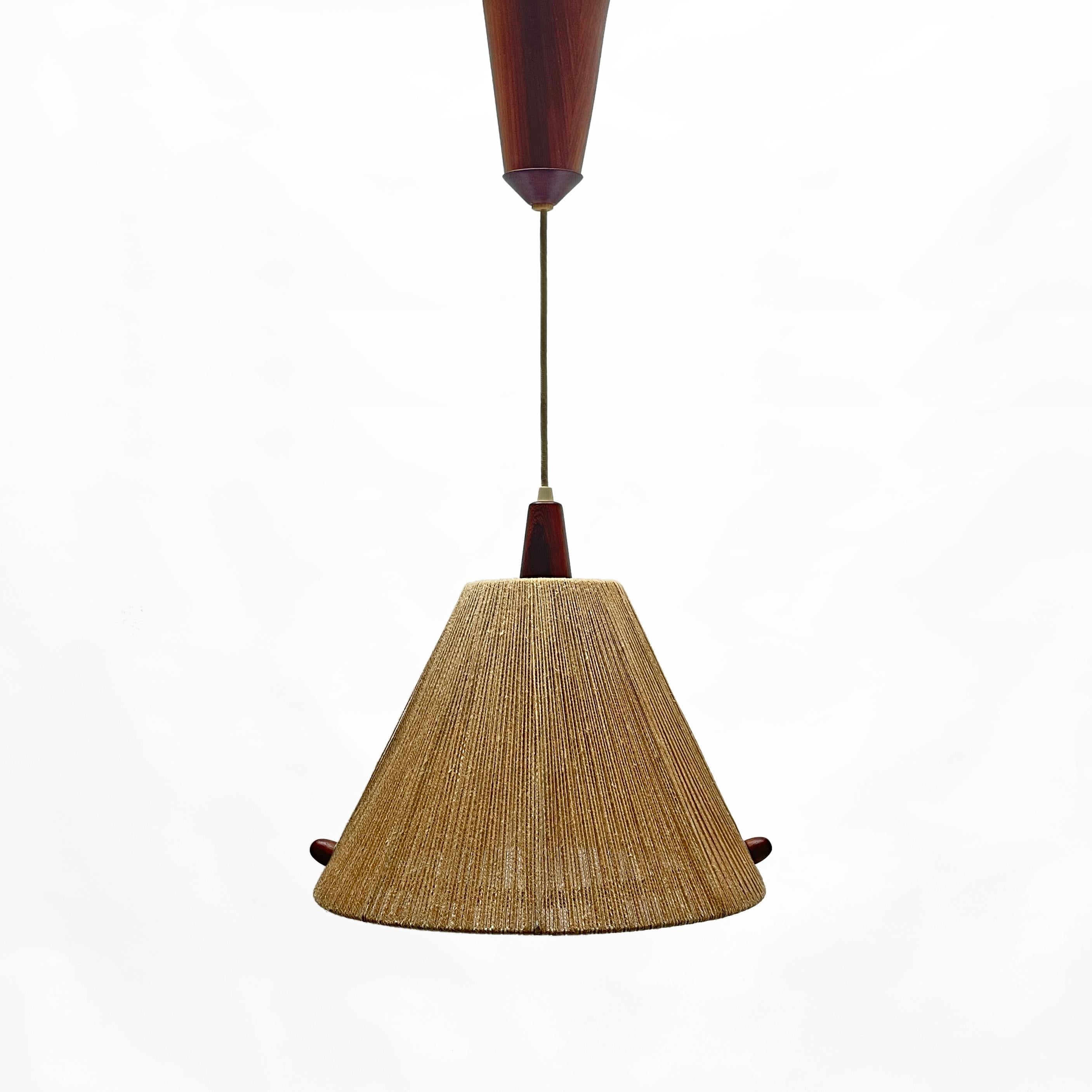 Swiss 1960s Raffia Teak Pendant Lamp Type 324 from Temde, Switzerland For Sale