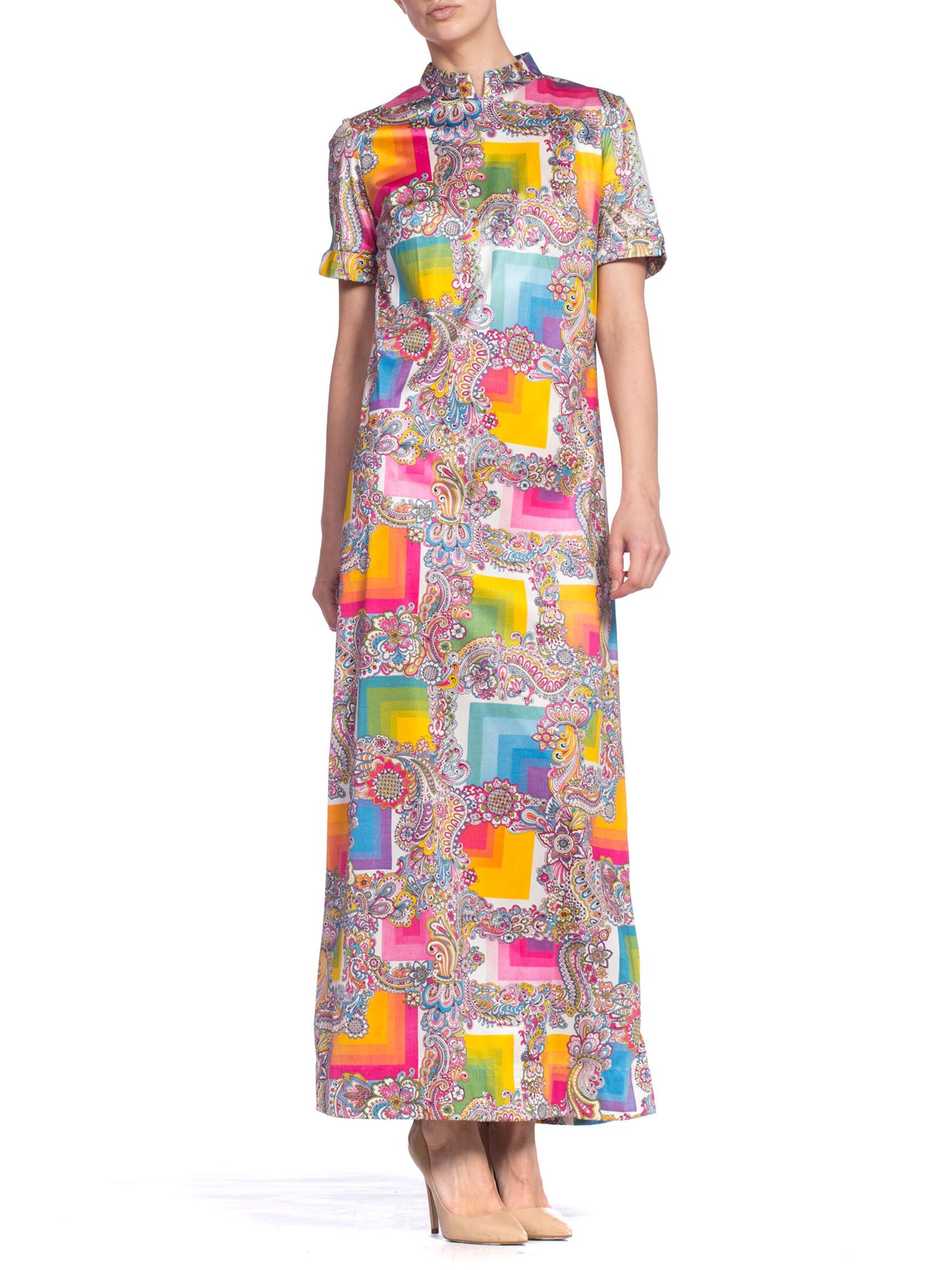 1960S Rainbow Psychedelic Polyester Jersey Short Sleeve Mock Neck Maxi Dress 5