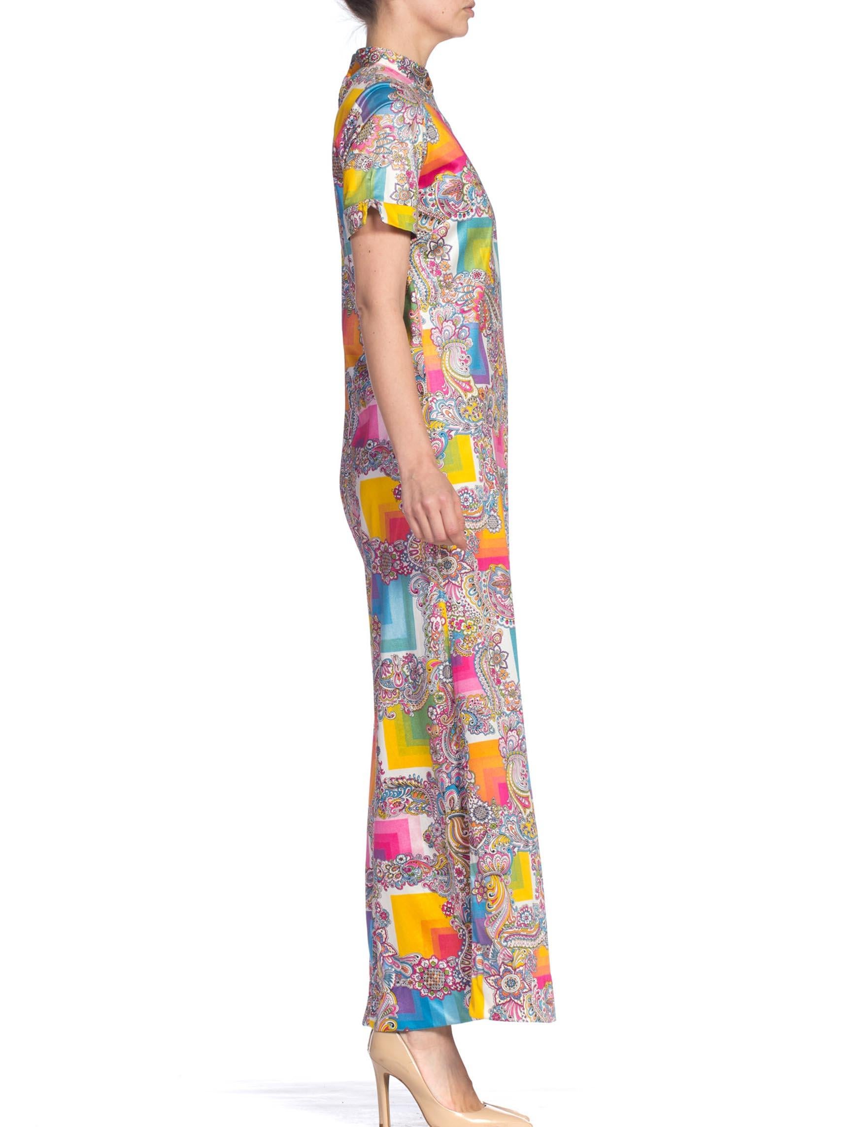 Brown 1960S Rainbow Psychedelic Polyester Jersey Short Sleeve Mock Neck Maxi Dress
