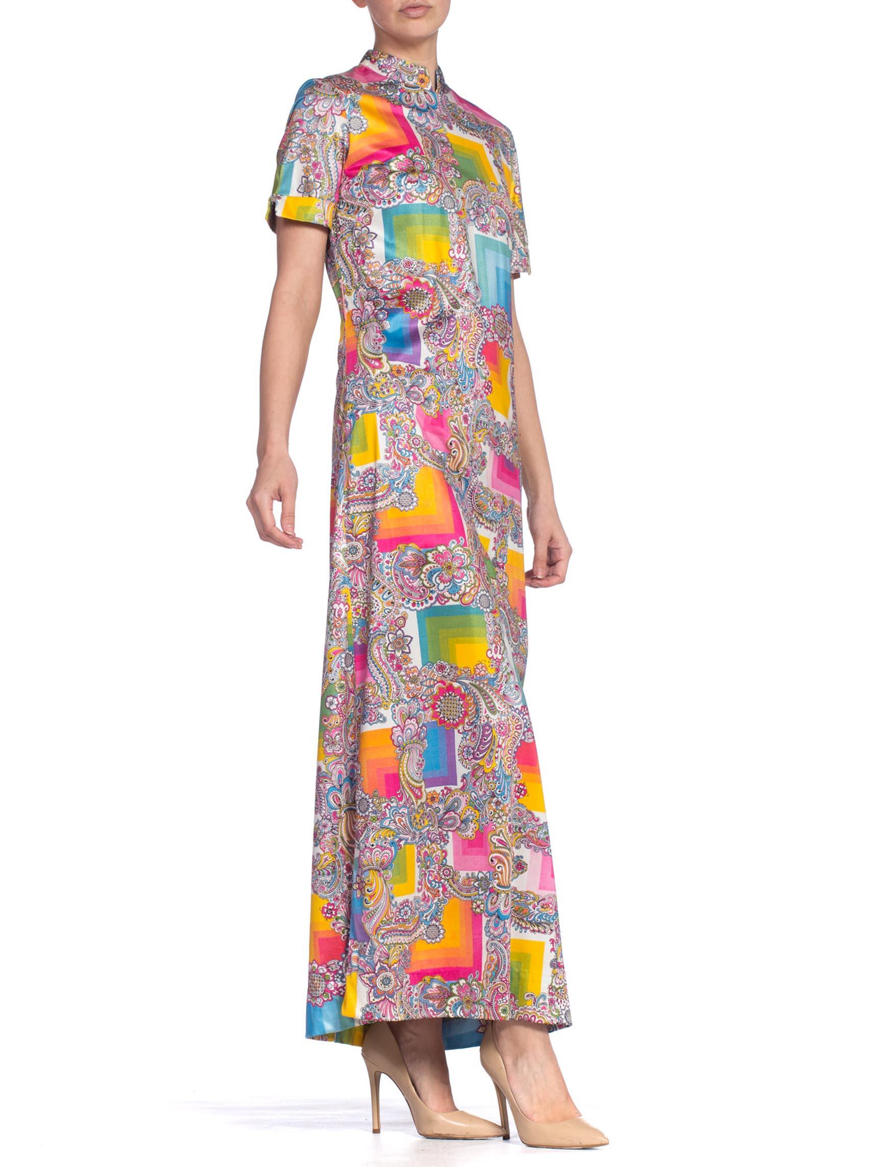 Women's 1960S Rainbow Psychedelic Polyester Jersey Short Sleeve Mock Neck Maxi Dress