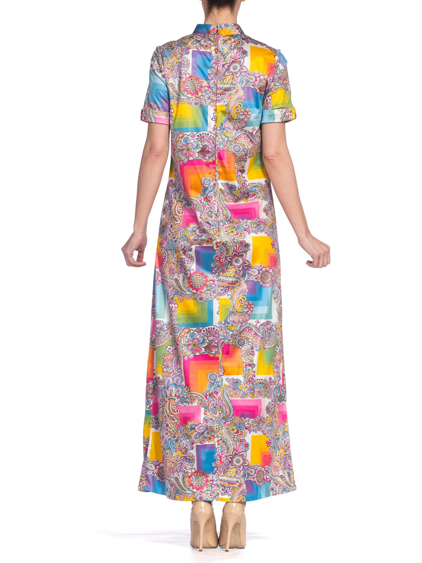 1960S Rainbow Psychedelic Polyester Jersey Short Sleeve Mock Neck Maxi Dress 1