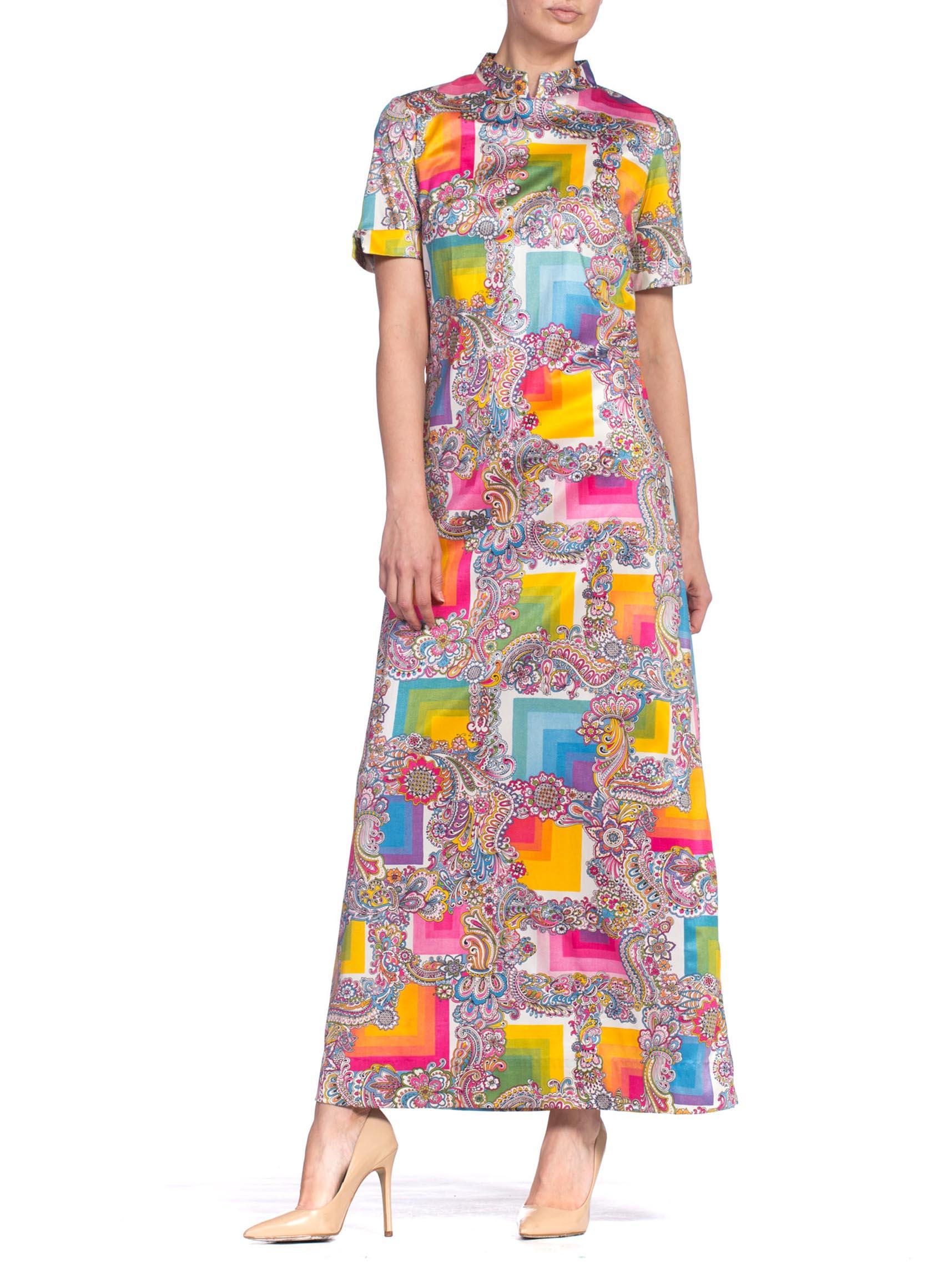 1960S Rainbow Psychedelic Polyester Jersey Short Sleeve Mock Neck Maxi Dress 3
