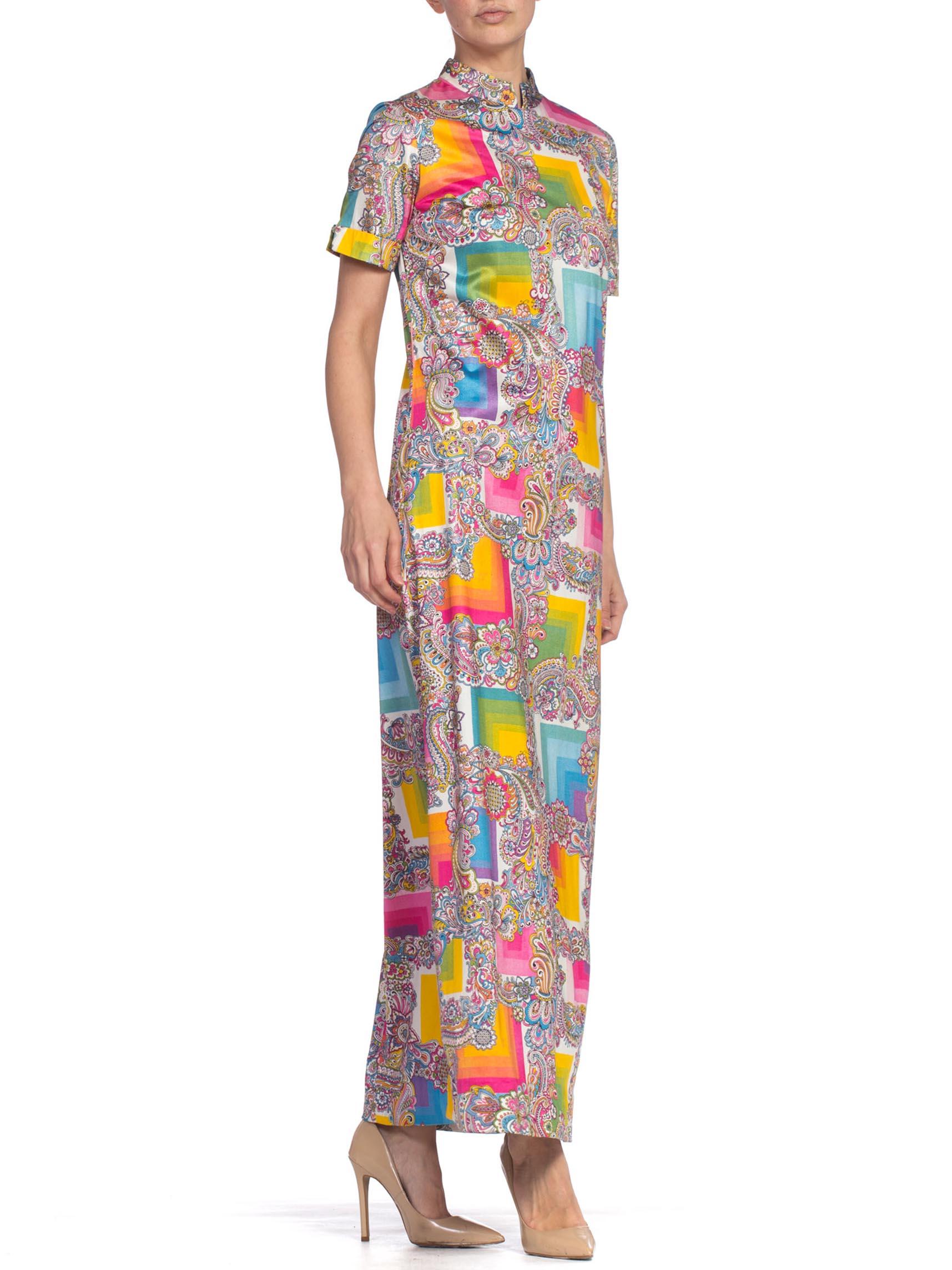1960S Rainbow Psychedelic Polyester Jersey Short Sleeve Mock Neck Maxi Dress 4