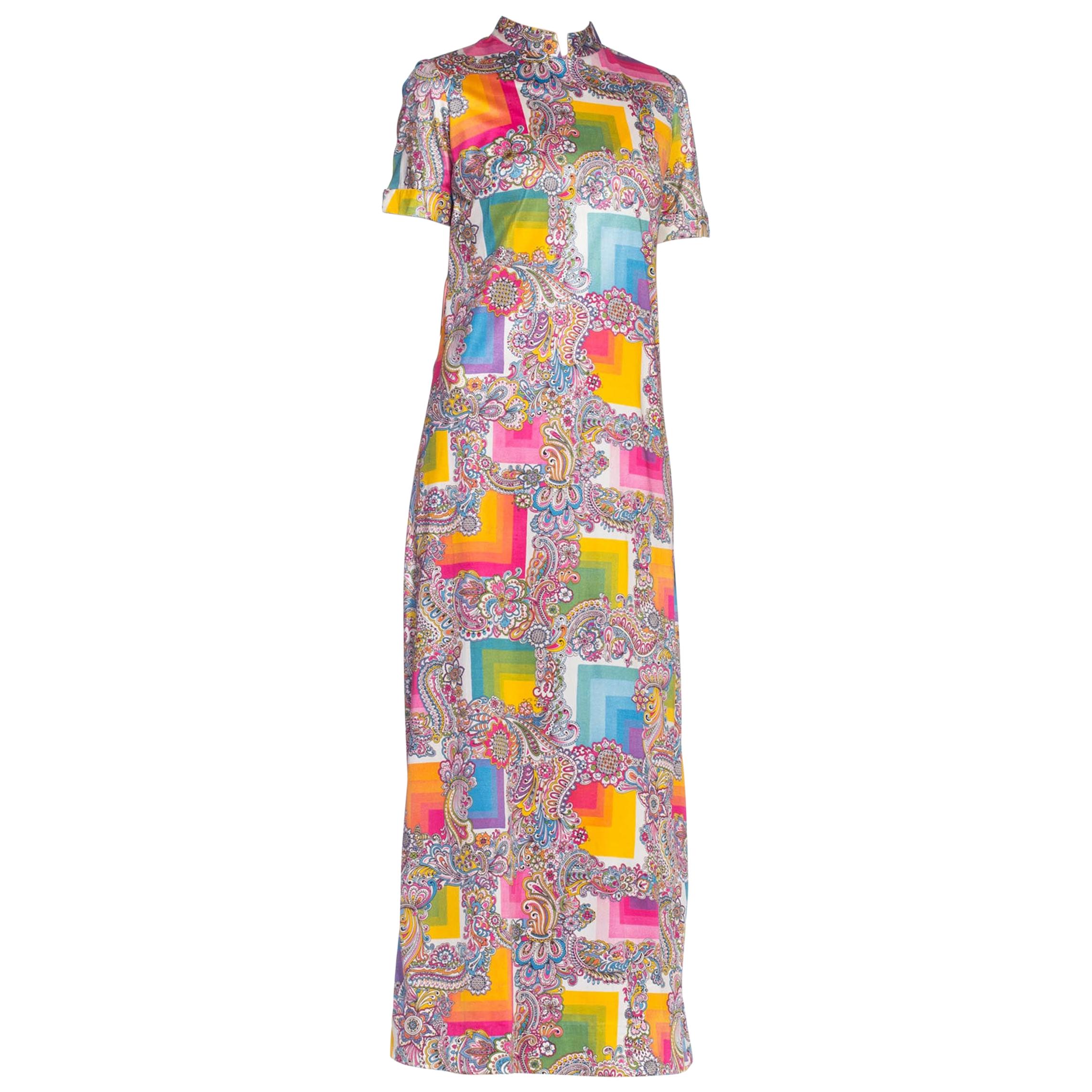 1960S Rainbow Psychedelic Polyester Jersey Short Sleeve Mock Neck Maxi Dress