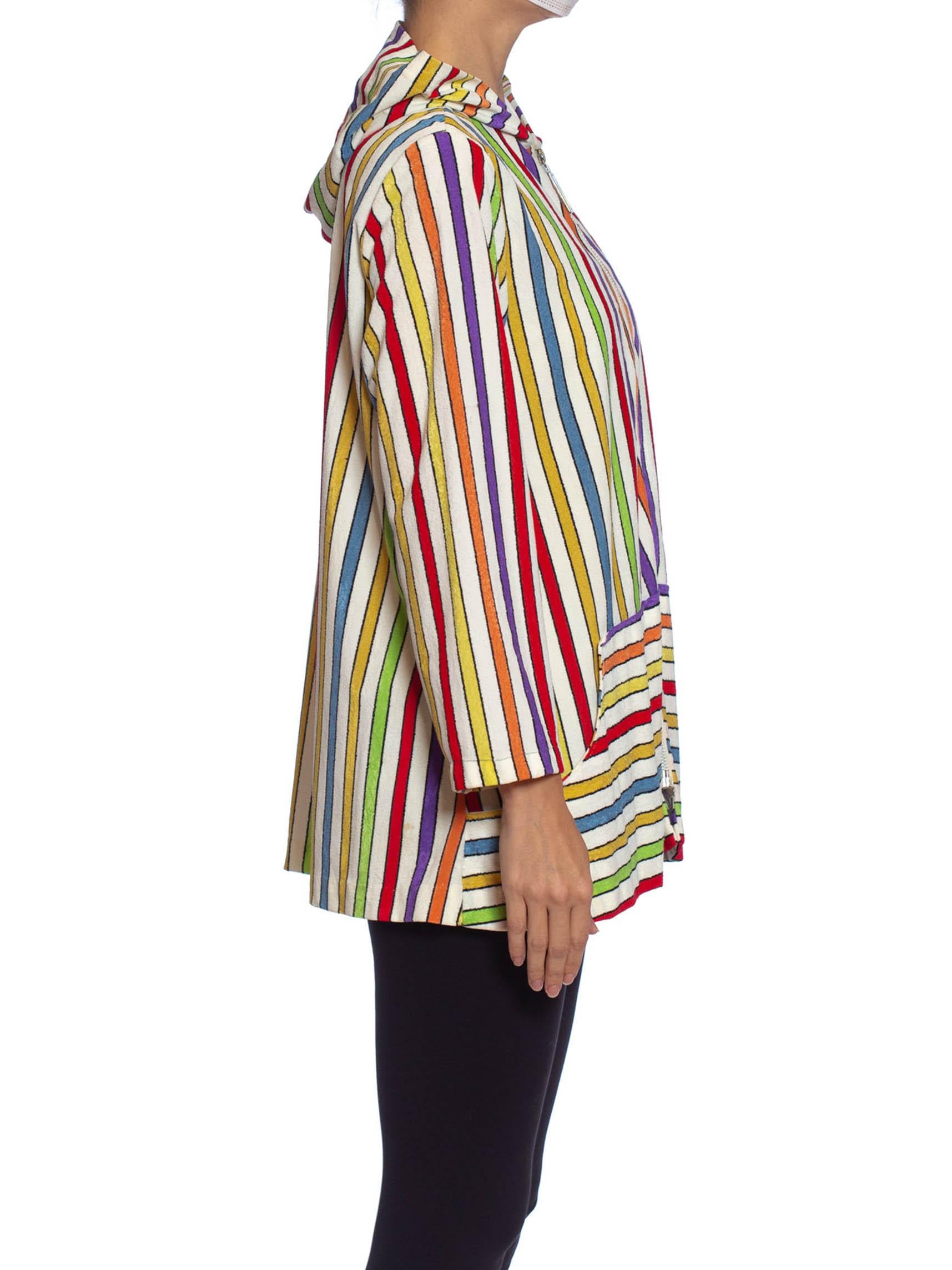 1960S Rainbow Striped Cotton Blend Terry Cloth Zip Front Hoodie Jacket 3