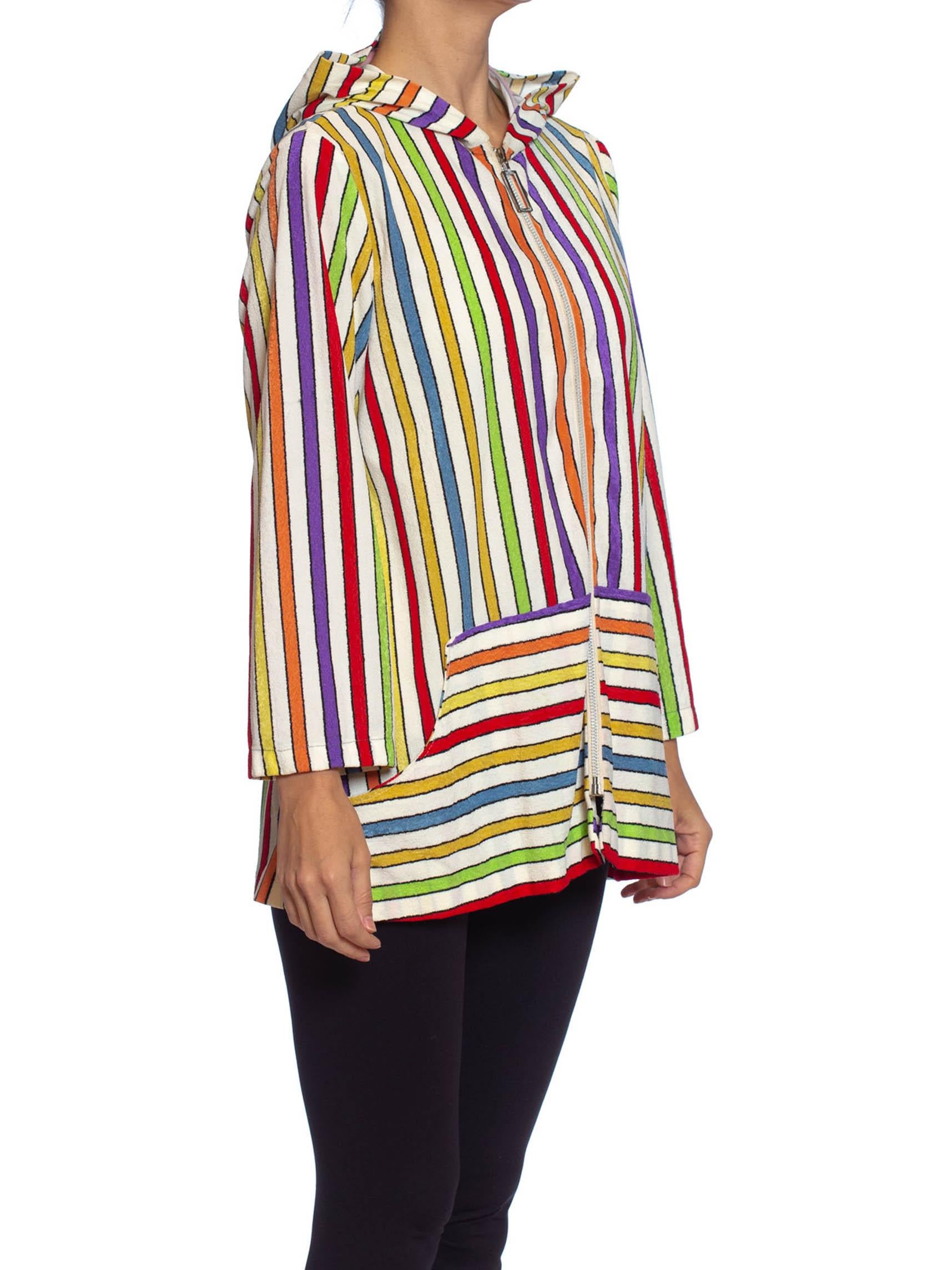 Beige 1960S Rainbow Striped Cotton Blend Terry Cloth Zip Front Hoodie Jacket