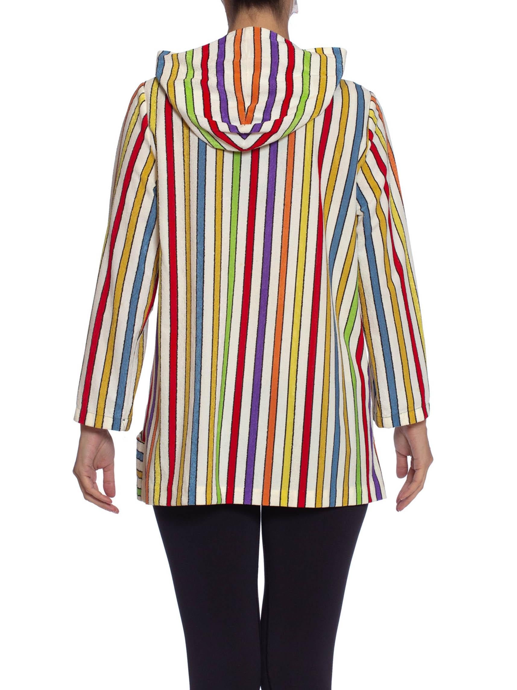 1960S Rainbow Striped Cotton Blend Terry Cloth Zip Front Hoodie Jacket In Excellent Condition In New York, NY