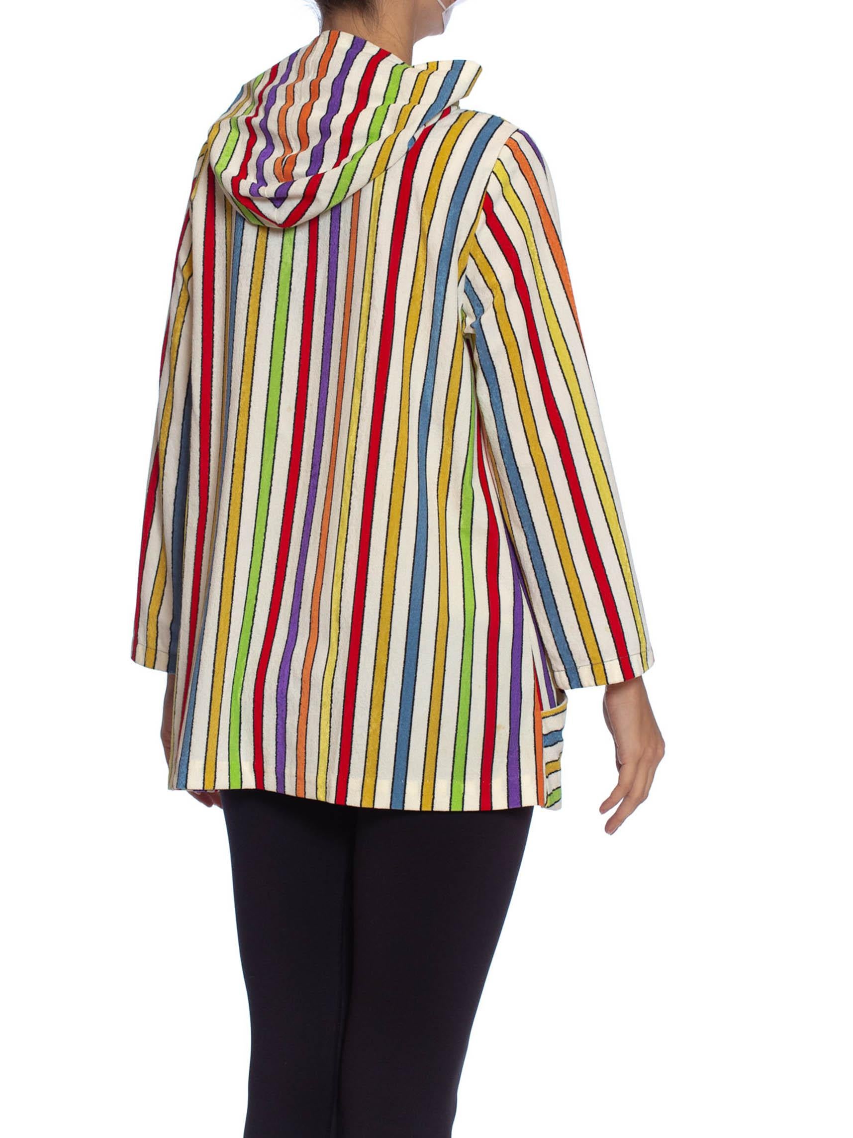 Women's 1960S Rainbow Striped Cotton Blend Terry Cloth Zip Front Hoodie Jacket