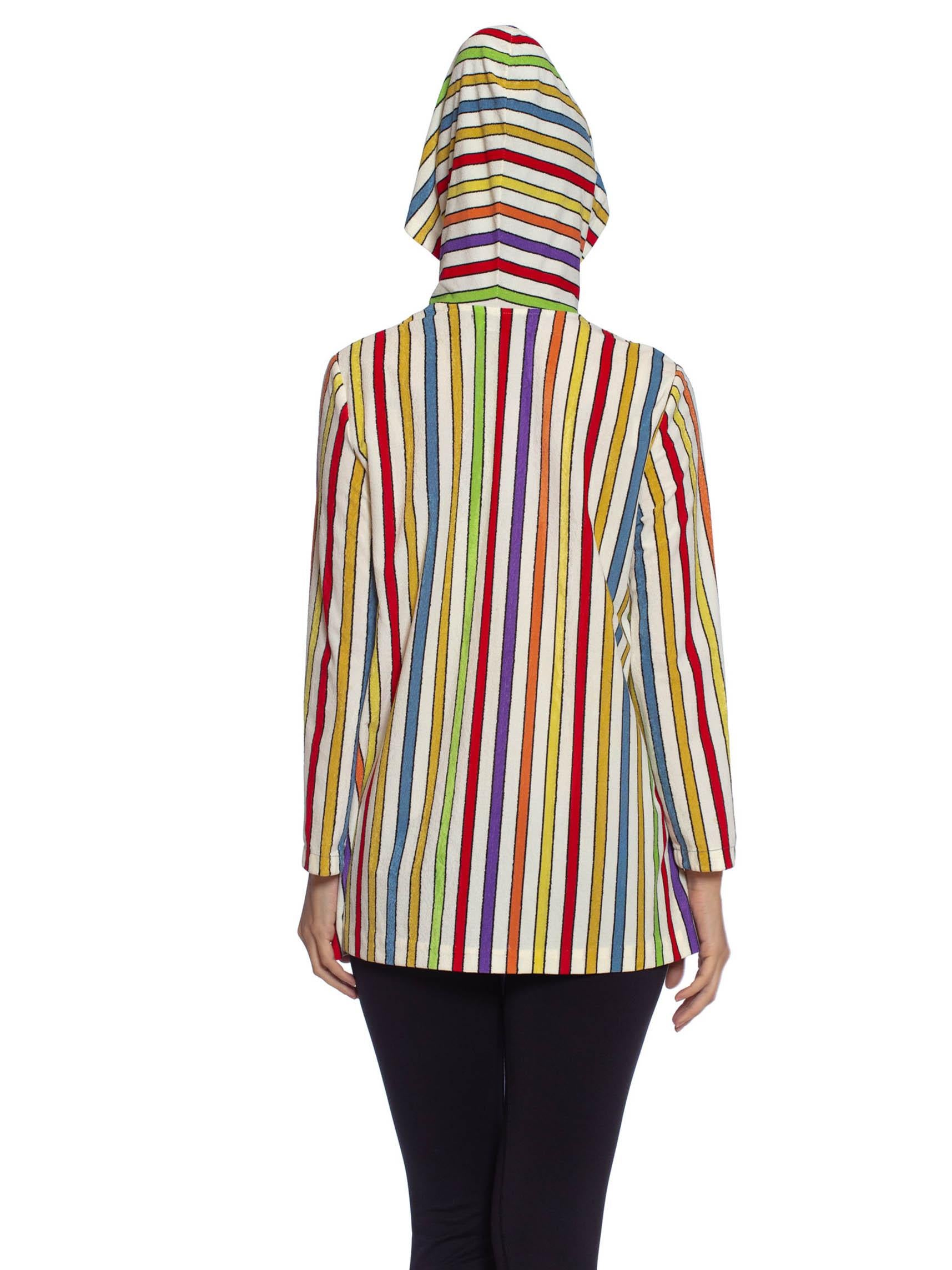 1960S Rainbow Striped Cotton Blend Terry Cloth Zip Front Hoodie Jacket 1