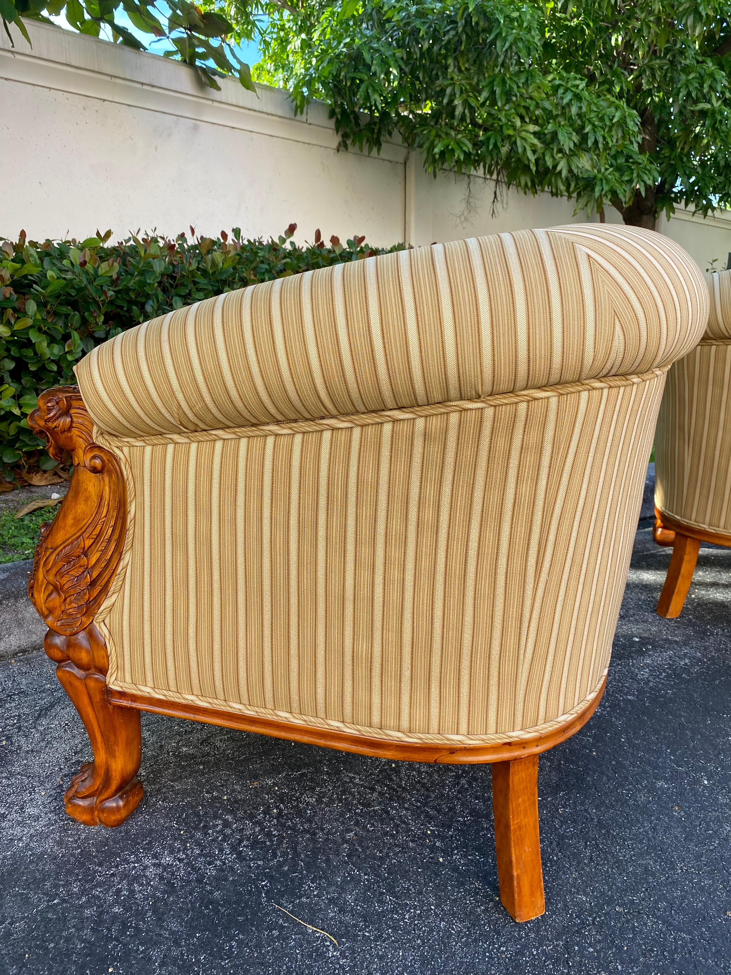 1990s Baker Furniture Sculptural Carved Wood Lion Barrel Tub Chairs, Set of 2 For Sale 3
