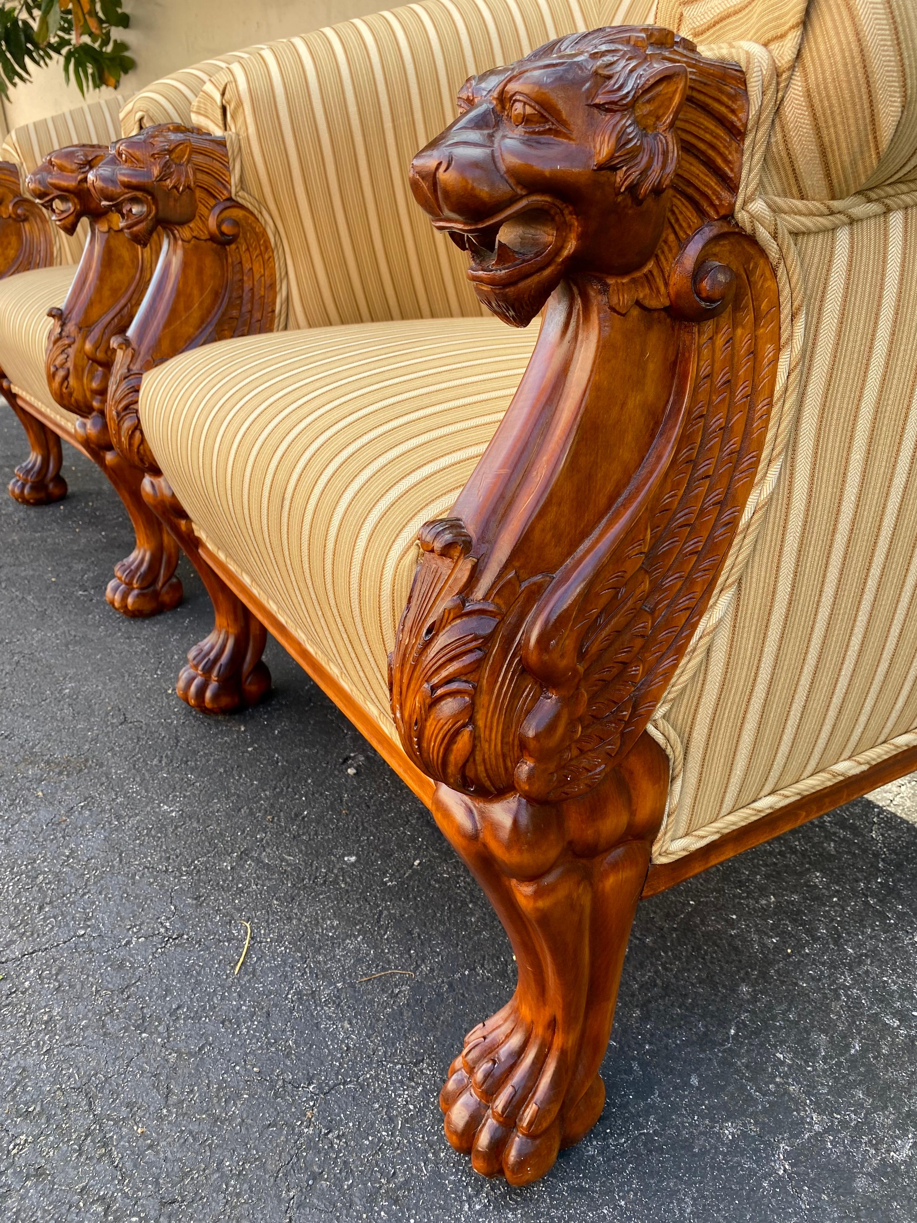 1990s Baker Furniture Sculptural Carved Wood Lion Barrel Tub Chairs, Set of 2 For Sale 5