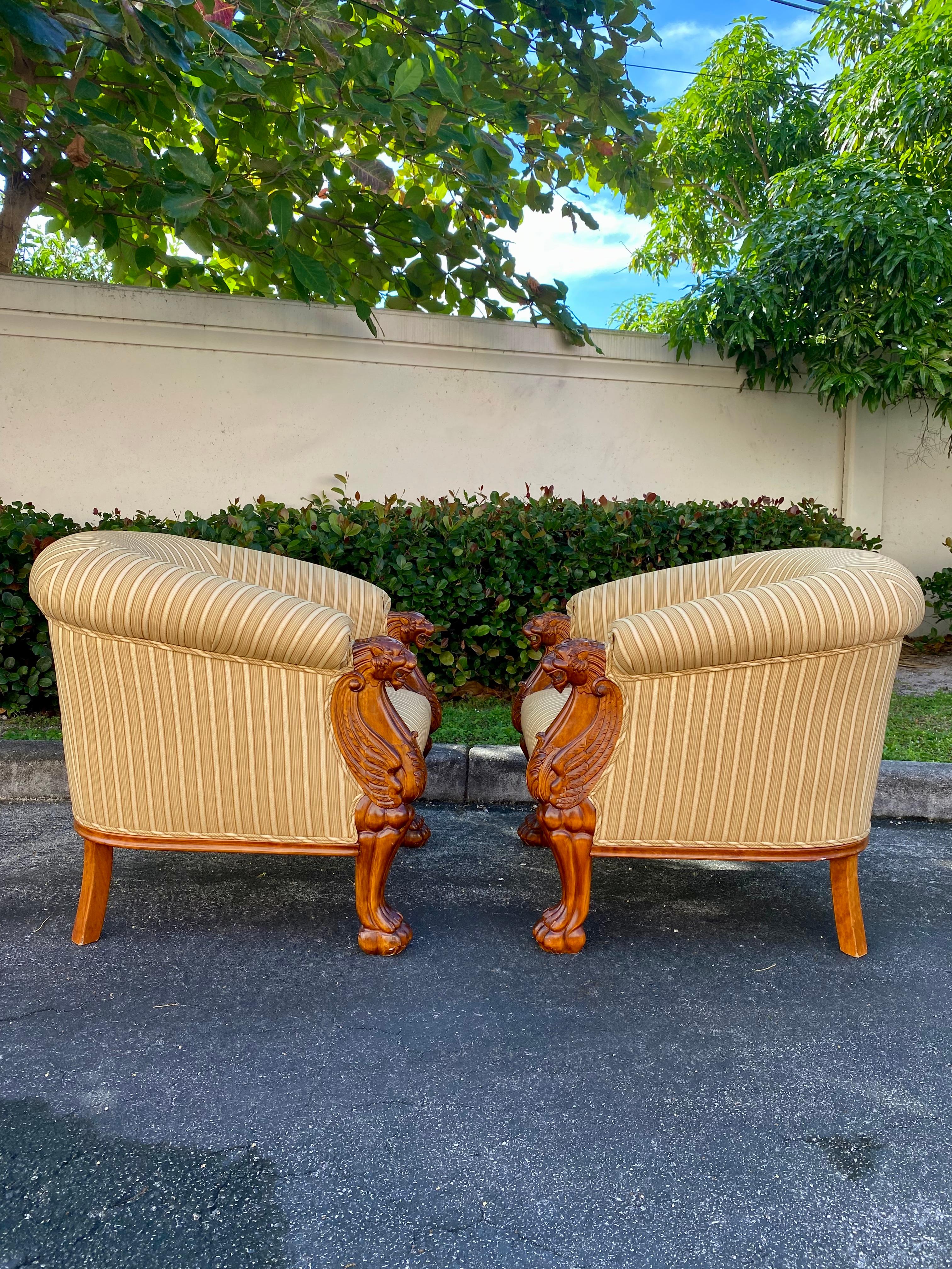 Regency 1990s Baker Furniture Sculptural Carved Wood Lion Barrel Tub Chairs, Set of 2 For Sale