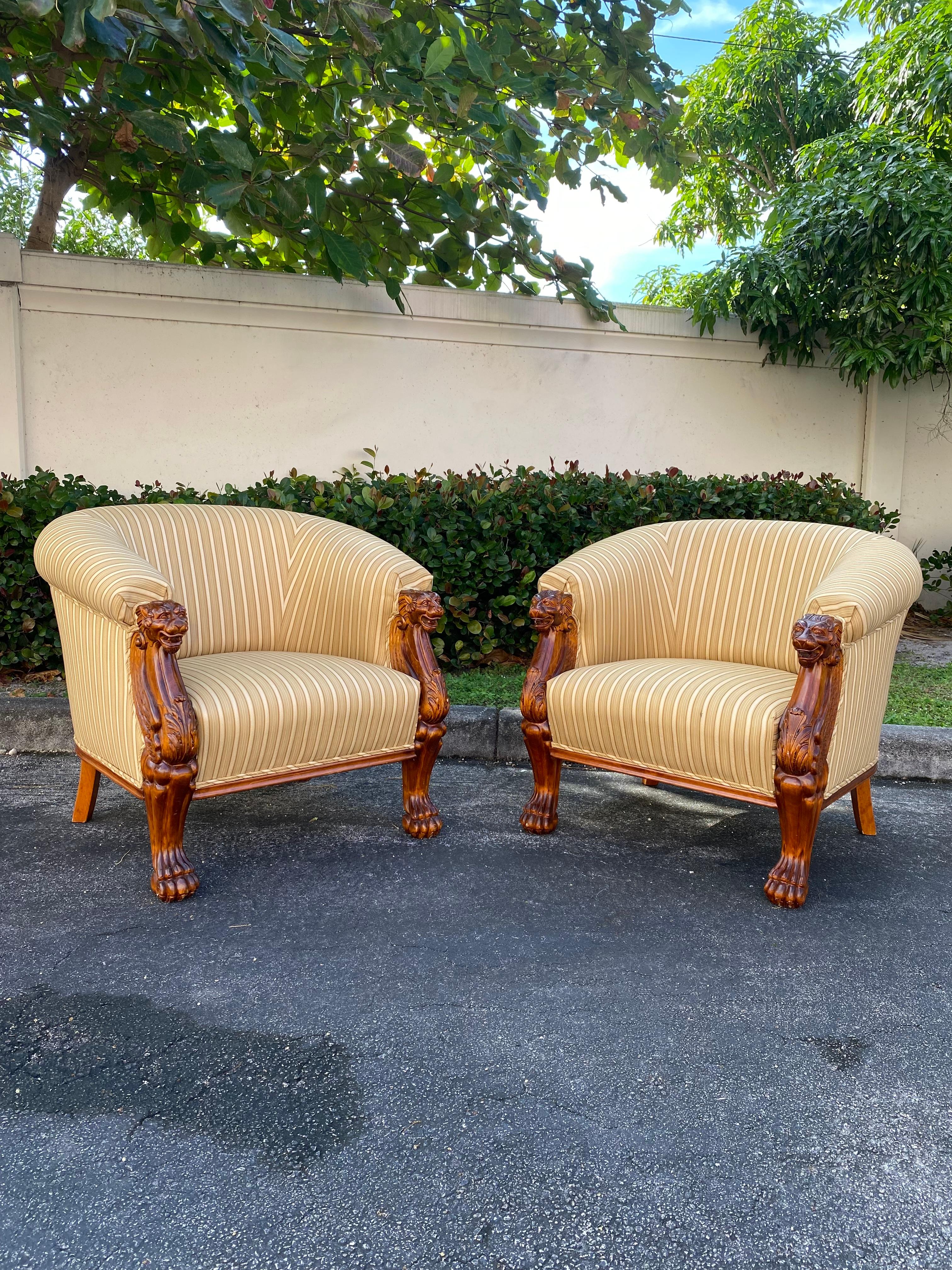 English 1990s Baker Furniture Sculptural Carved Wood Lion Barrel Tub Chairs, Set of 2 For Sale