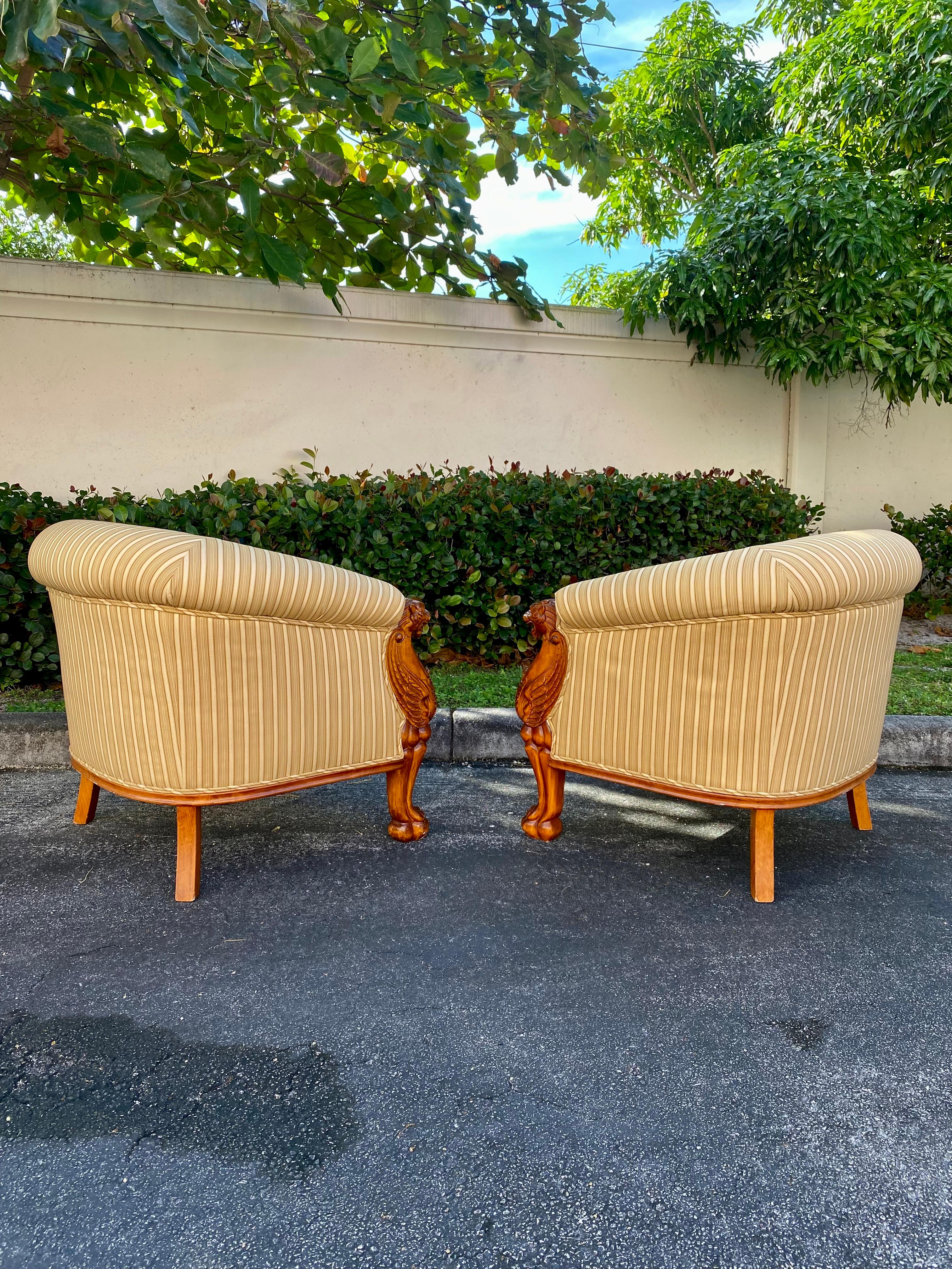 1990s Baker Furniture Sculptural Carved Wood Lion Barrel Tub Chairs, Set of 2 In Excellent Condition For Sale In Fort Lauderdale, FL