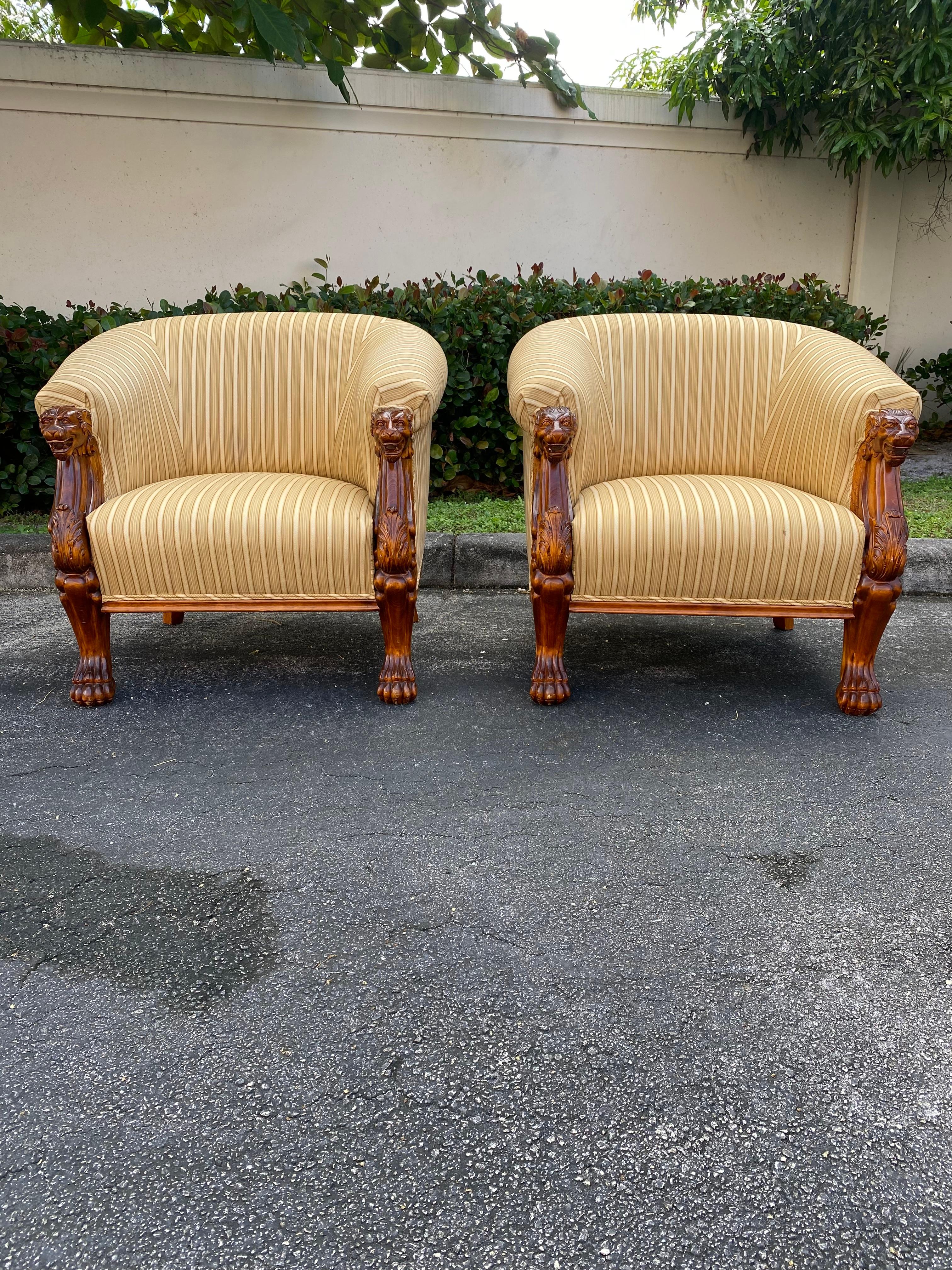 1990s Baker Furniture Sculptural Carved Wood Lion Barrel Tub Chairs, Set of 2 For Sale 1