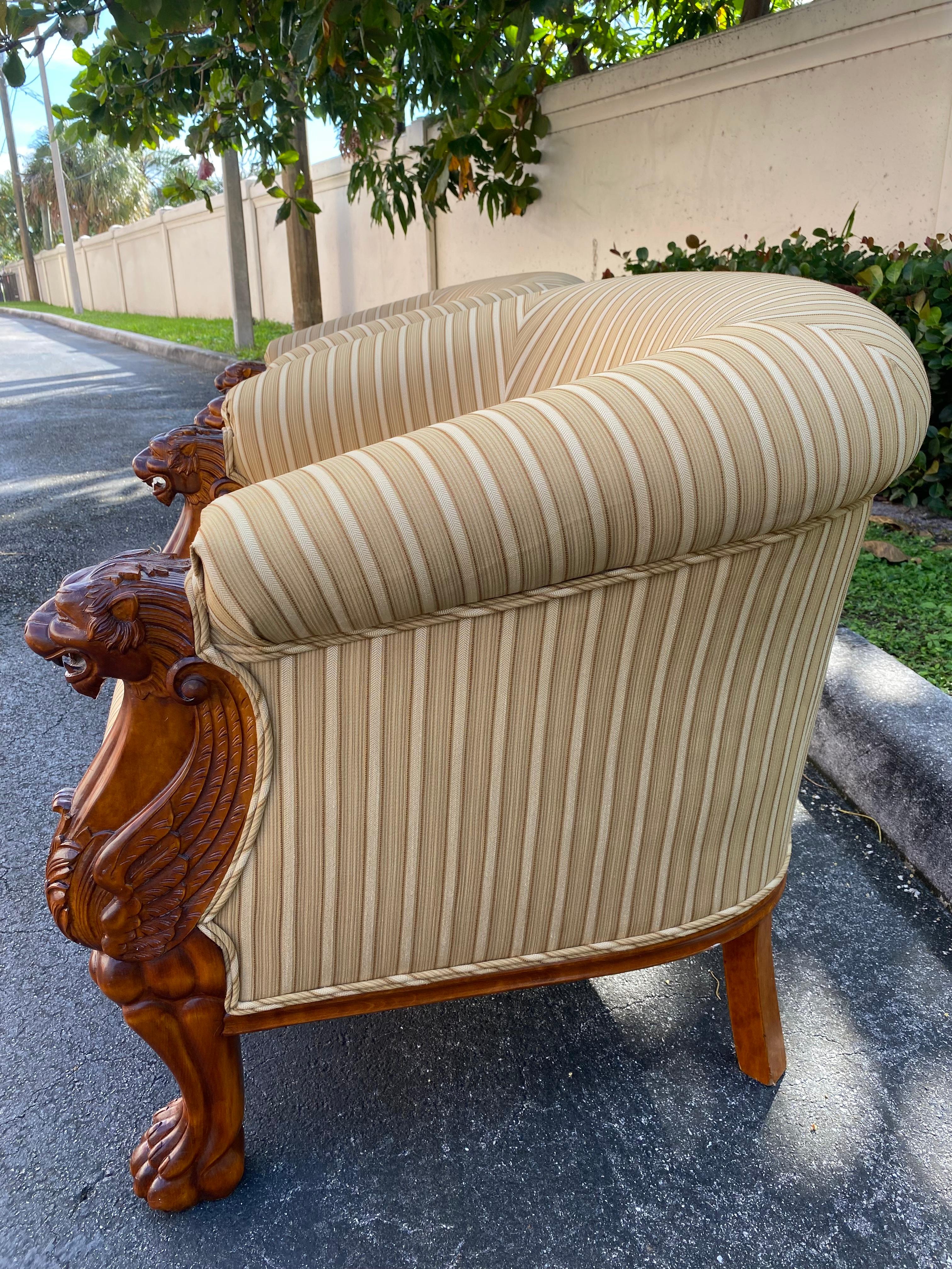1990s Baker Furniture Sculptural Carved Wood Lion Barrel Tub Chairs, Set of 2 For Sale 2