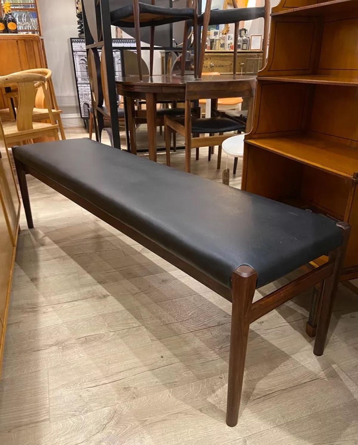 Mid-Century Modern 1960s Rare Danish Rosewood & Black Leather Bench By Niels Otto Moller