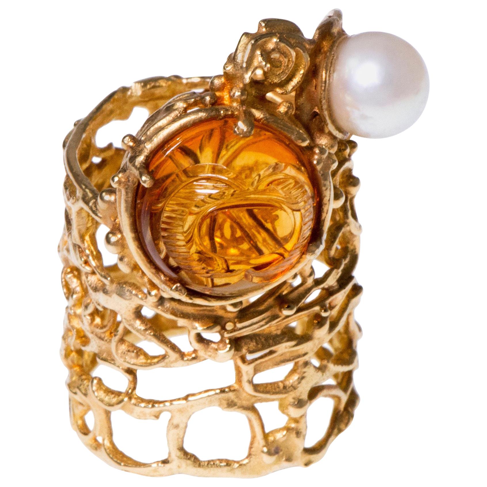 Rare Gerda Flöckinger Carved Citrine, Cultured Pearl and Yellow Gold Ring 1960s
