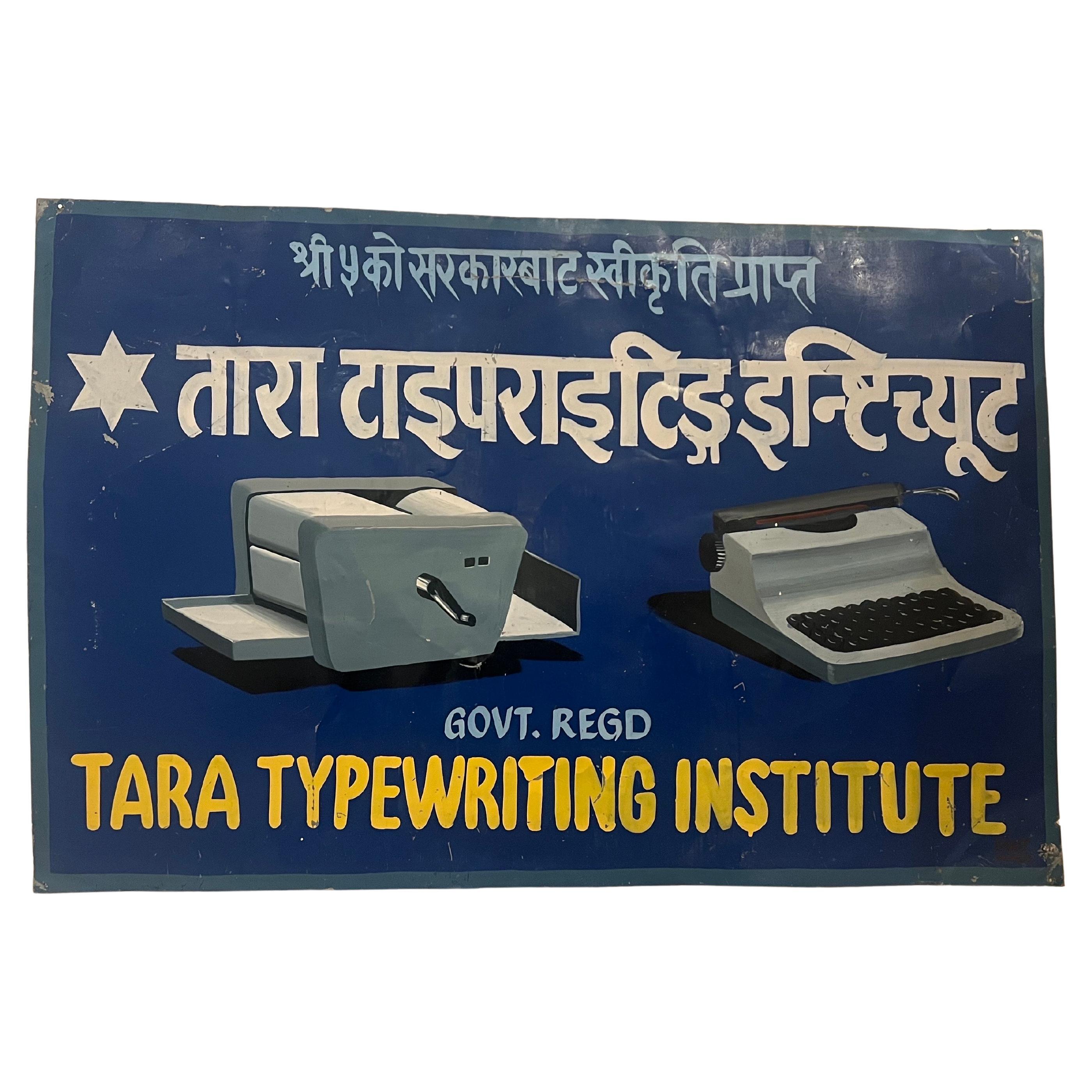 Antique rare hand painted Nepali sign for the Tara Typewrighting Institute very clean condition some folding due to the thin metal but nice and clean condition.