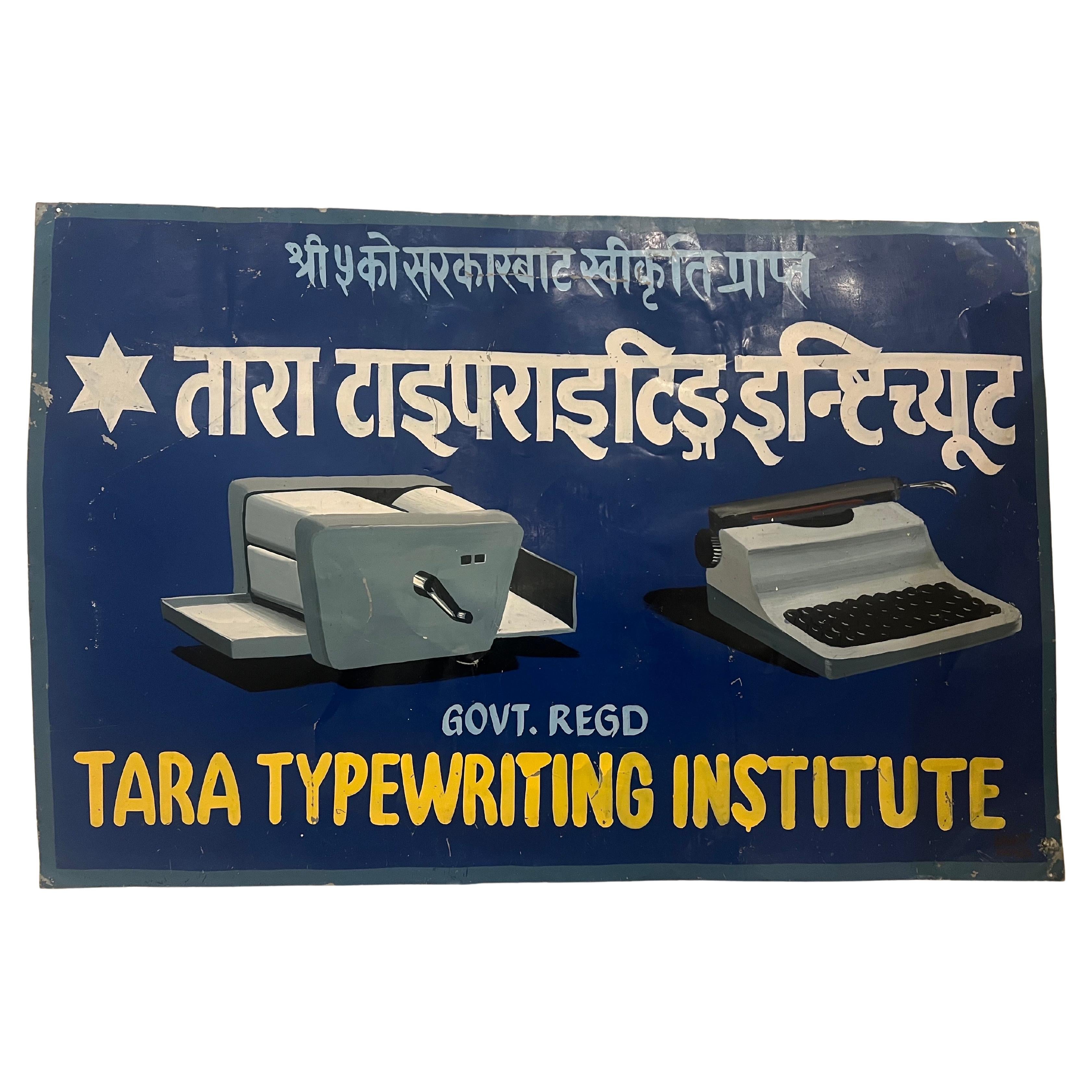 Nepalese 1960's Rare Hand Painted Metal Sign for Tara Typewriting Institute Nepal For Sale