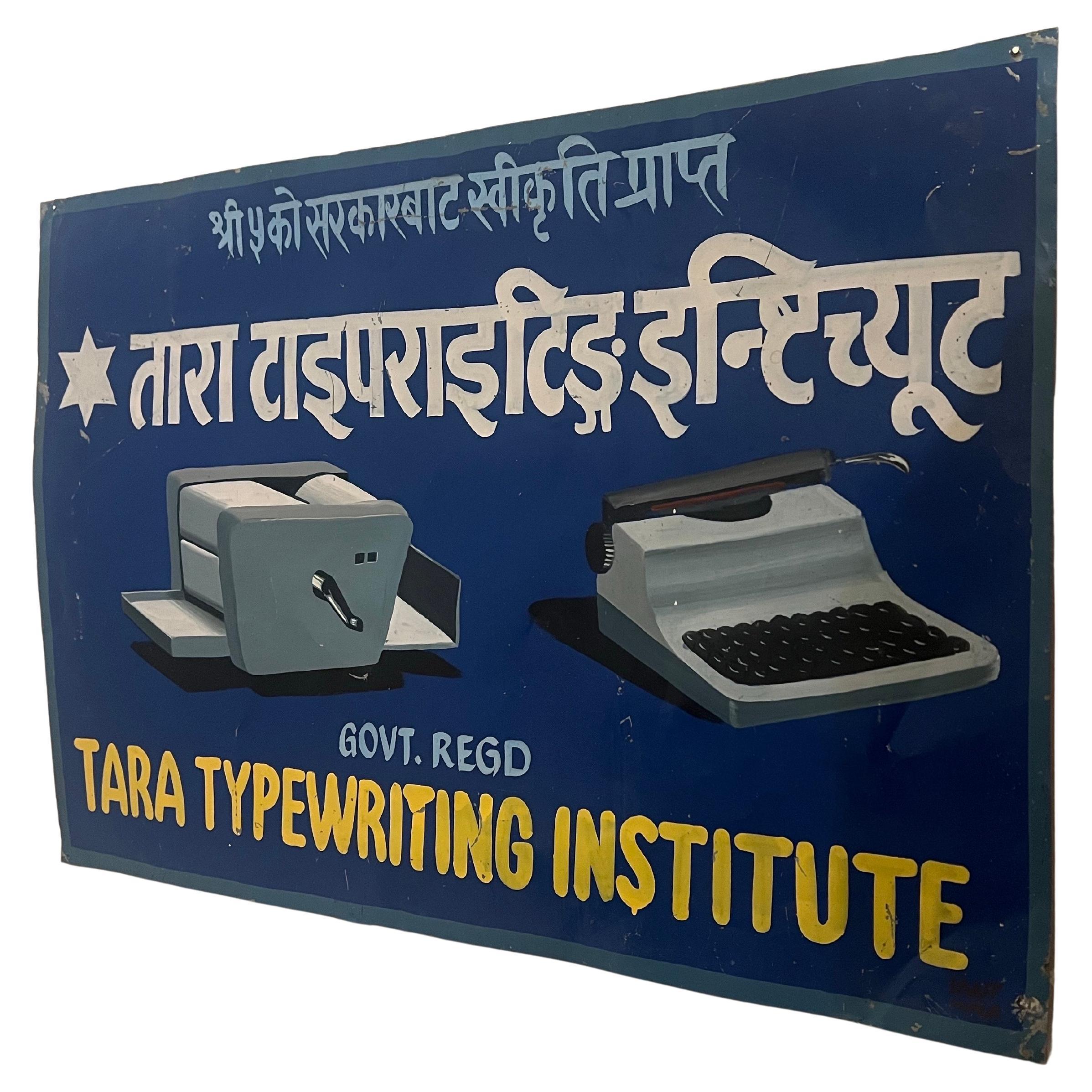 1960's Rare Hand Painted Metal Sign for Tara Typewriting Institute Nepal For Sale