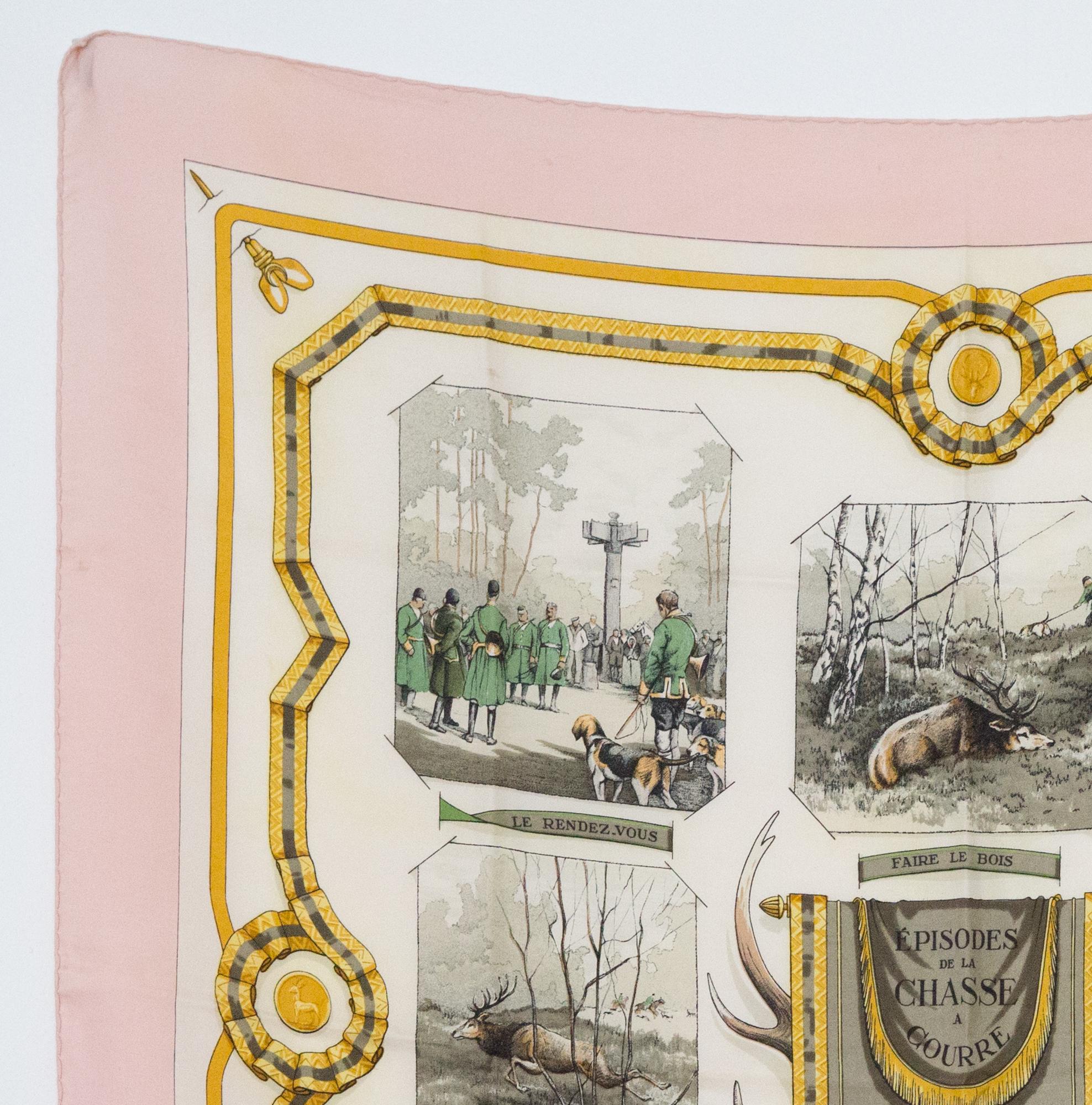 Hermes rare 1960s silk scarf  Episodes de la Chasse a Courre by Jean-Charles Hallo featuring a light pink border, a horse scene.
Only one edition: 1963
In good vintage condition. Made in France.
35,4in. (90cm)  X 35,4in. (90cm)
We guarantee you will
