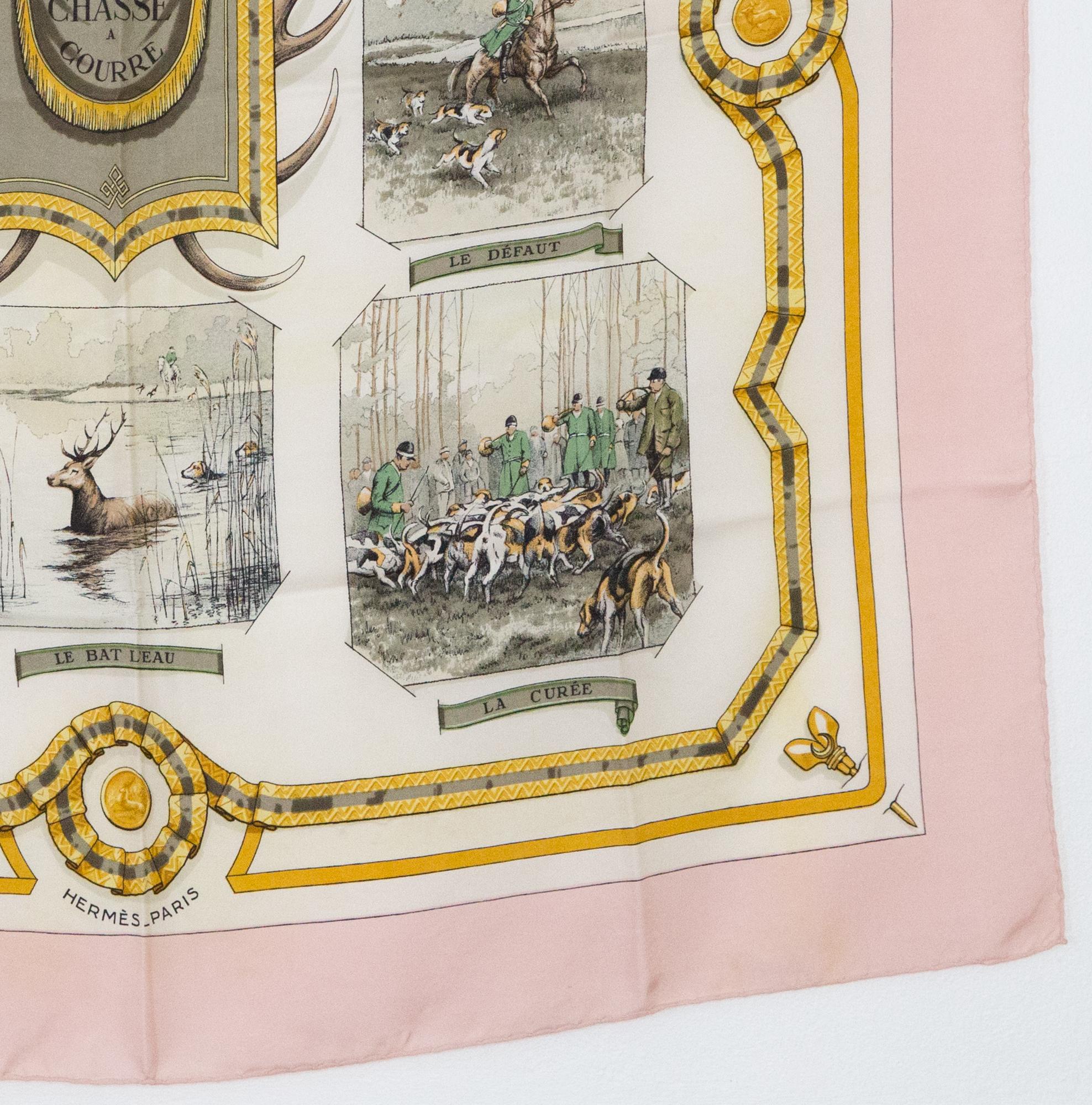 1963 Rare Hermes Pink Episodes de la Chasse a Courre by J C Hallo Silk Scarf In Good Condition In Paris, FR