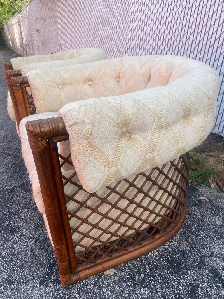 1960s Rare Rattan Lattice Sculptural Tub Barrel Chairs, Set of 2 For Sale at 1stDibs