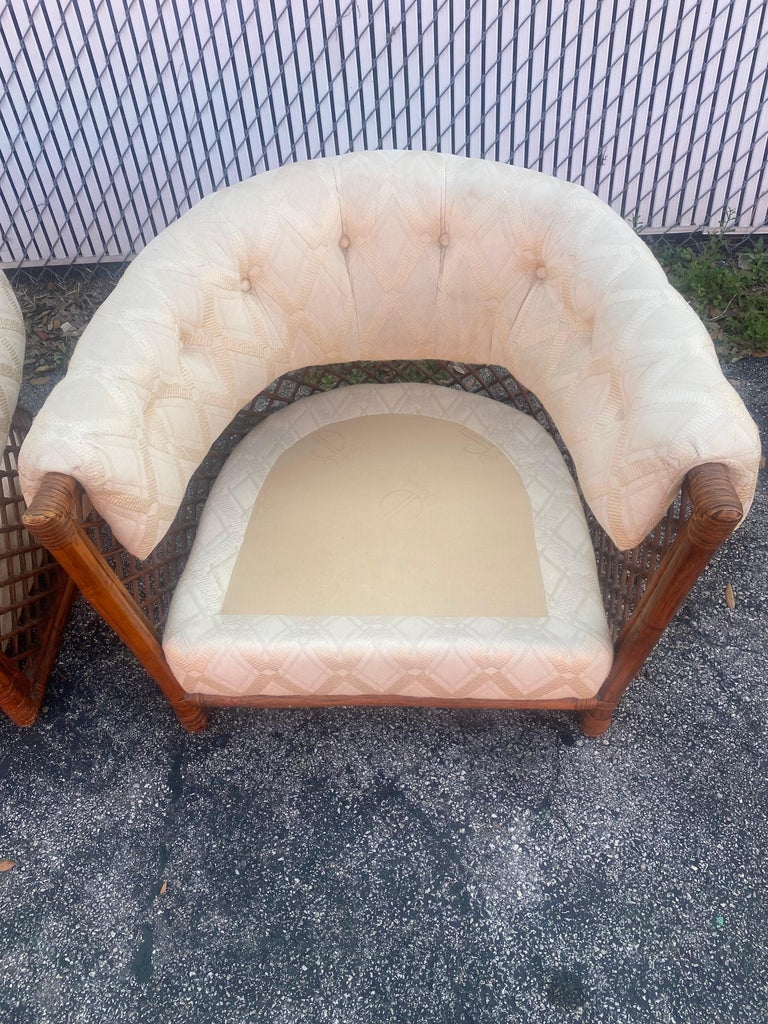 1960s Rare Rattan Lattice Sculptural Tub Barrel Chairs, Set of 2 For Sale at 1stDibs