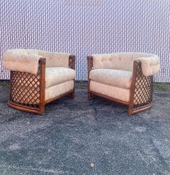 1960s Rare Rattan Lattice Sculptural Tub Barrel Chairs, Set of 2