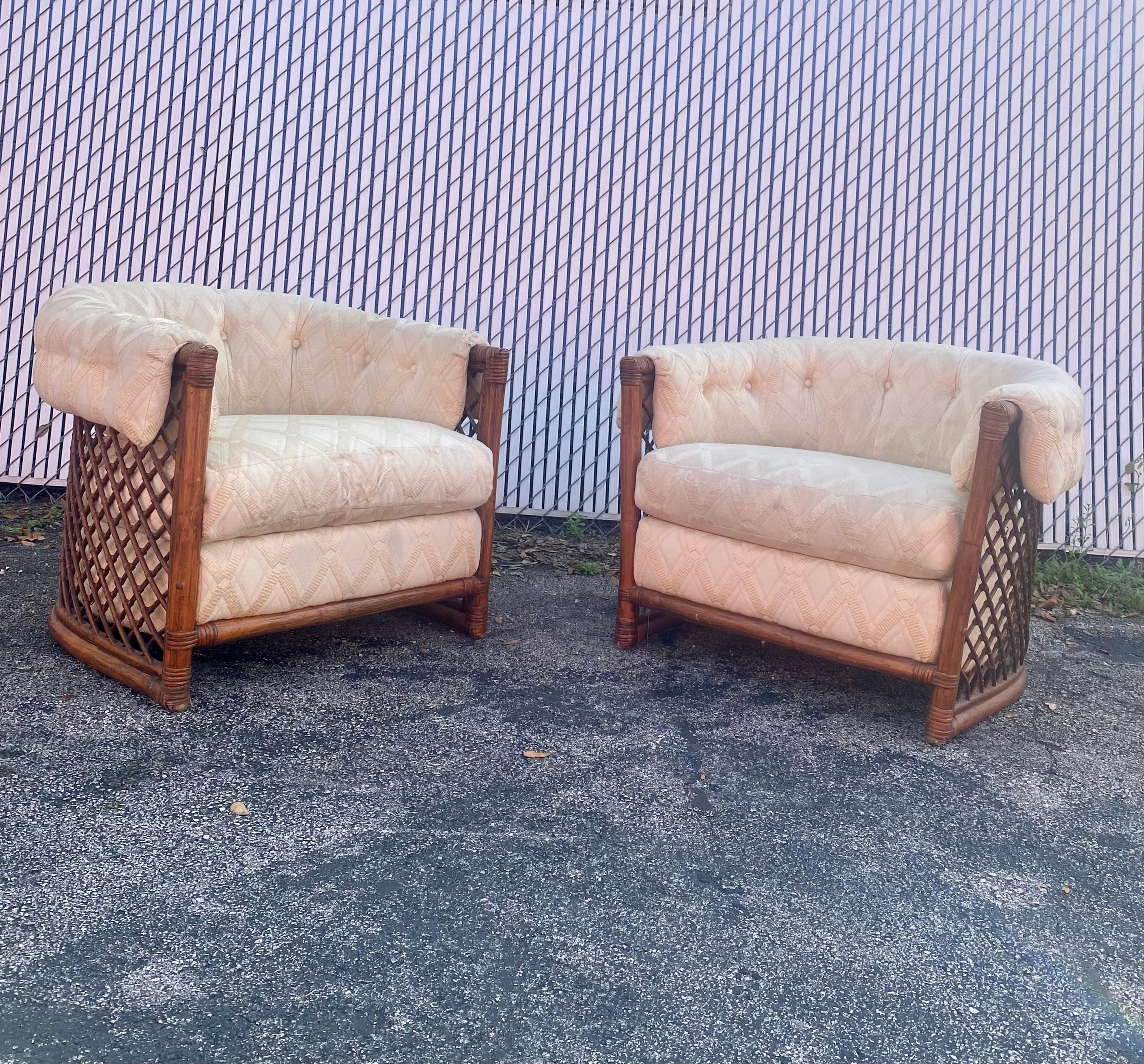 Mid-Century Modern 1960s Rare Rattan Lattice Sculptural Tub Barrel Chairs, Set of 2 For Sale