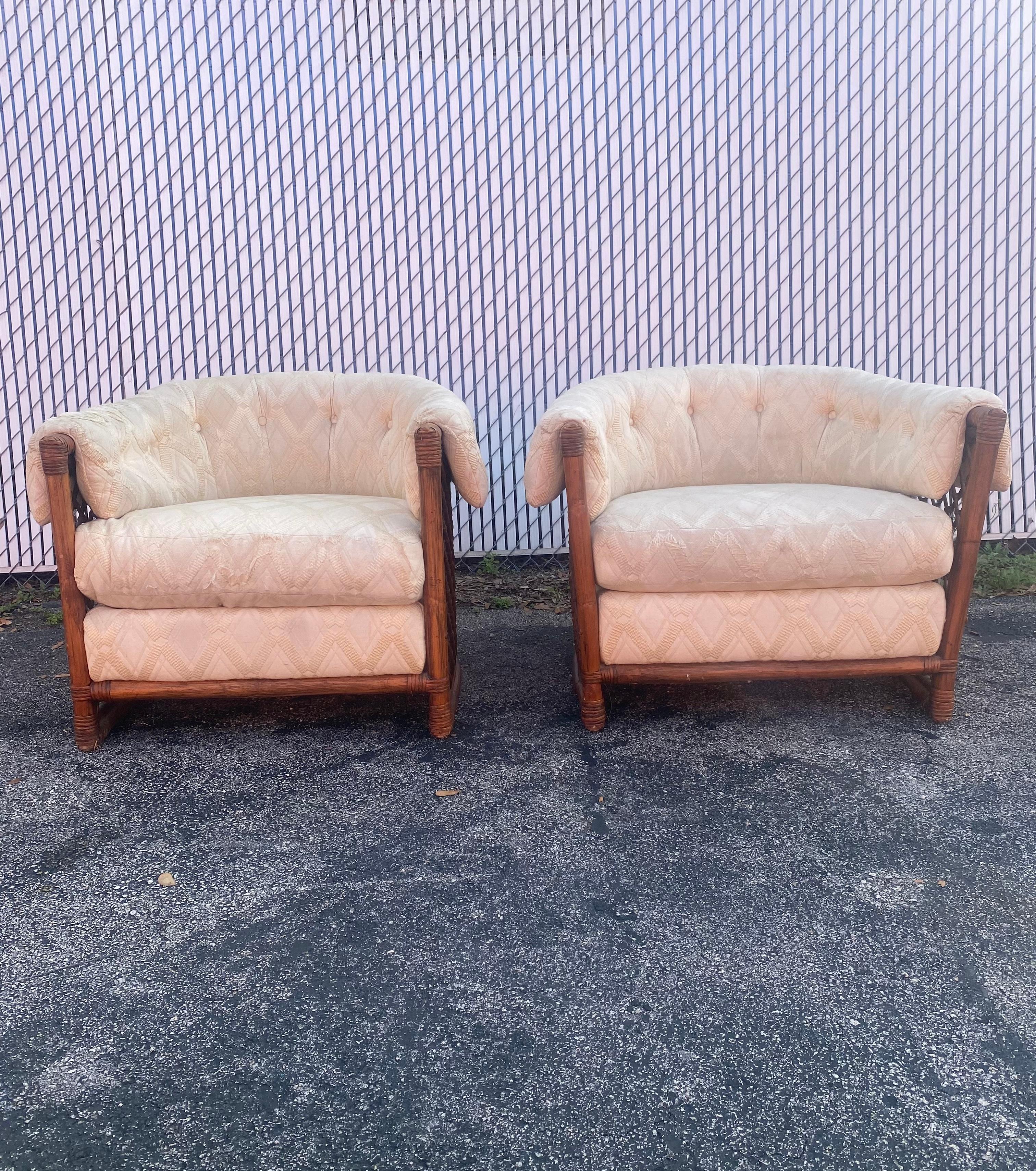 Mid-20th Century 1960s Rare Rattan Lattice Sculptural Tub Barrel Chairs, Set of 2 For Sale