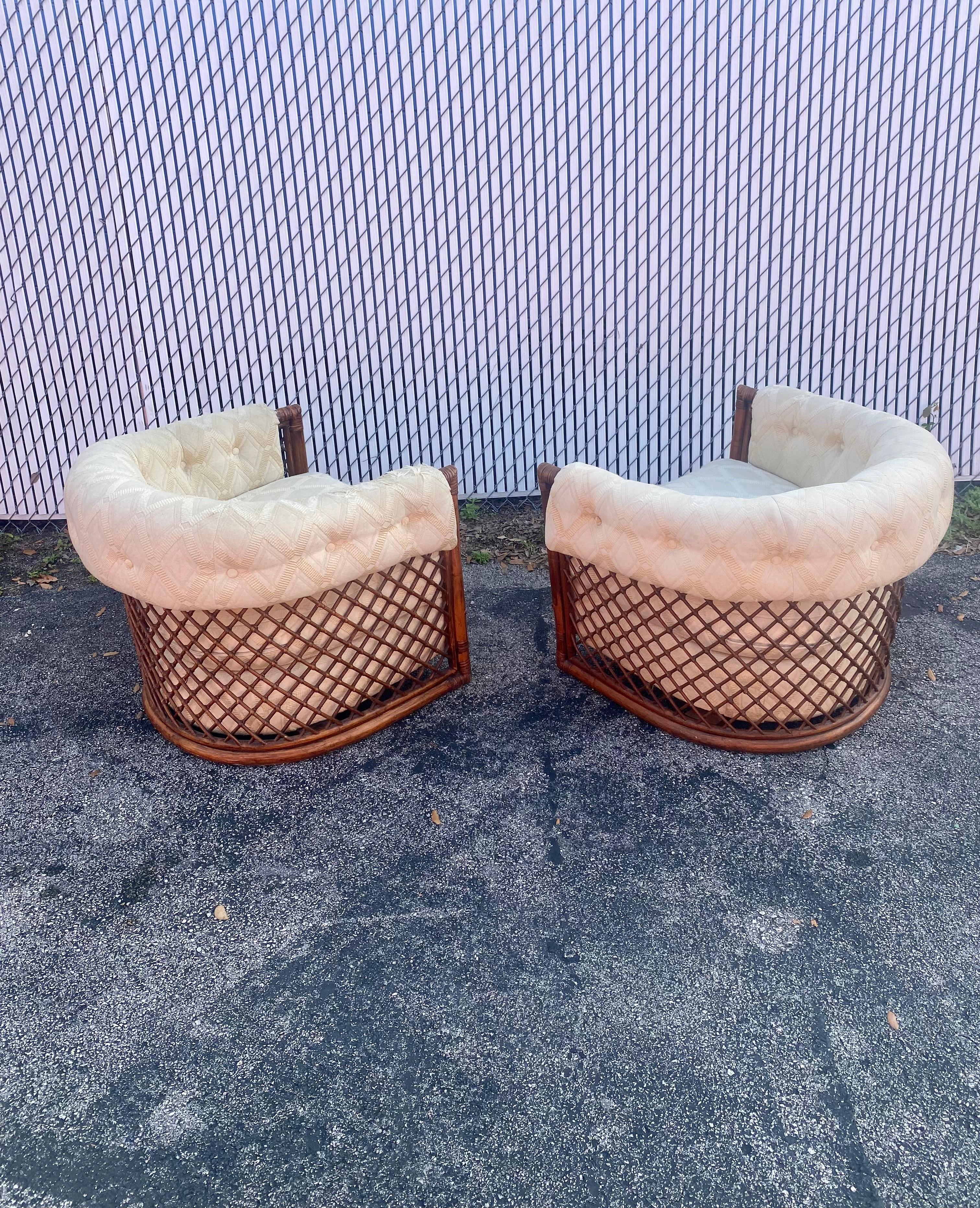 Upholstery 1960s Rare Rattan Lattice Sculptural Tub Barrel Chairs, Set of 2 For Sale