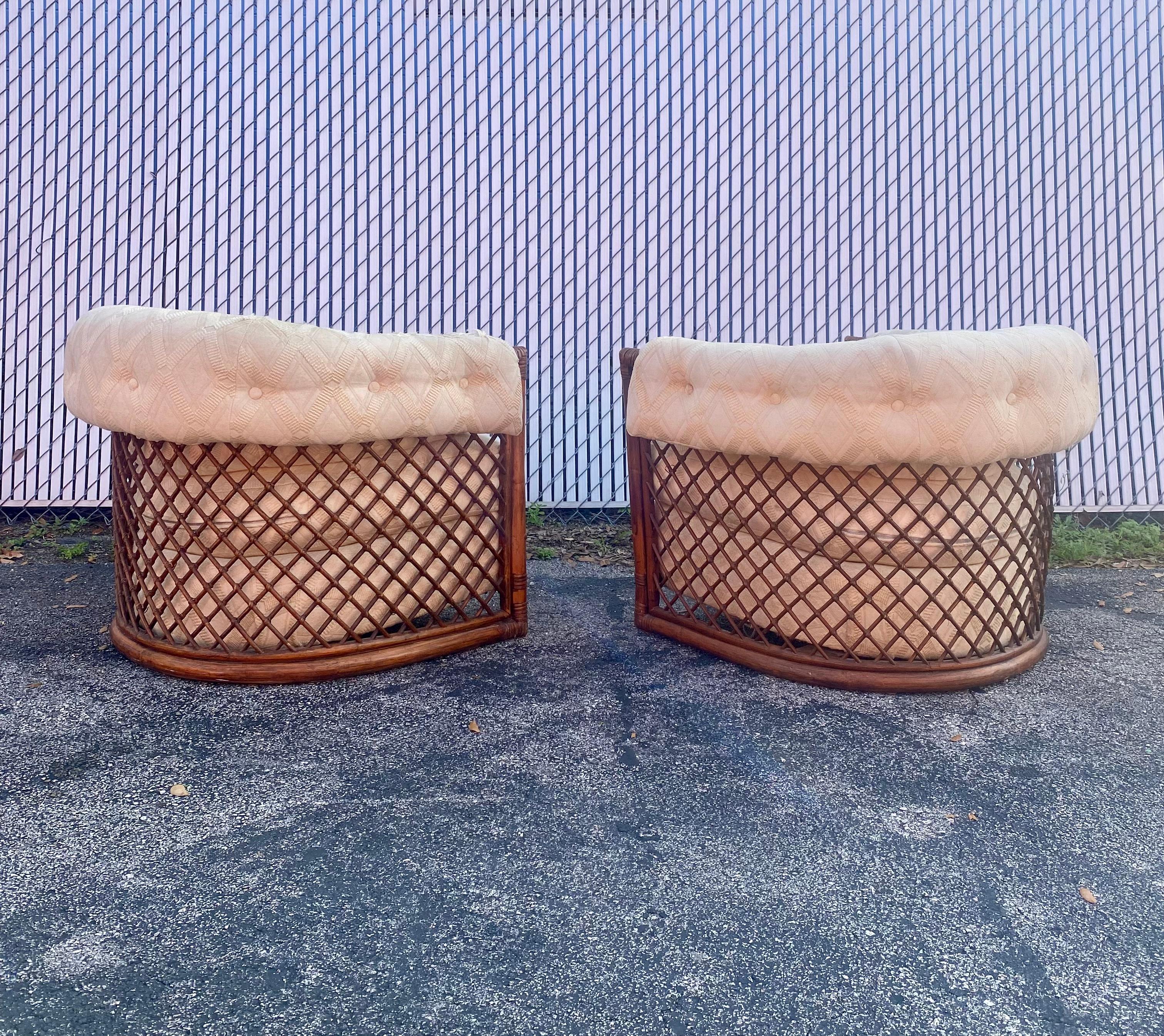 1960s Rare Rattan Lattice Sculptural Tub Barrel Chairs, Set of 2 For Sale 1