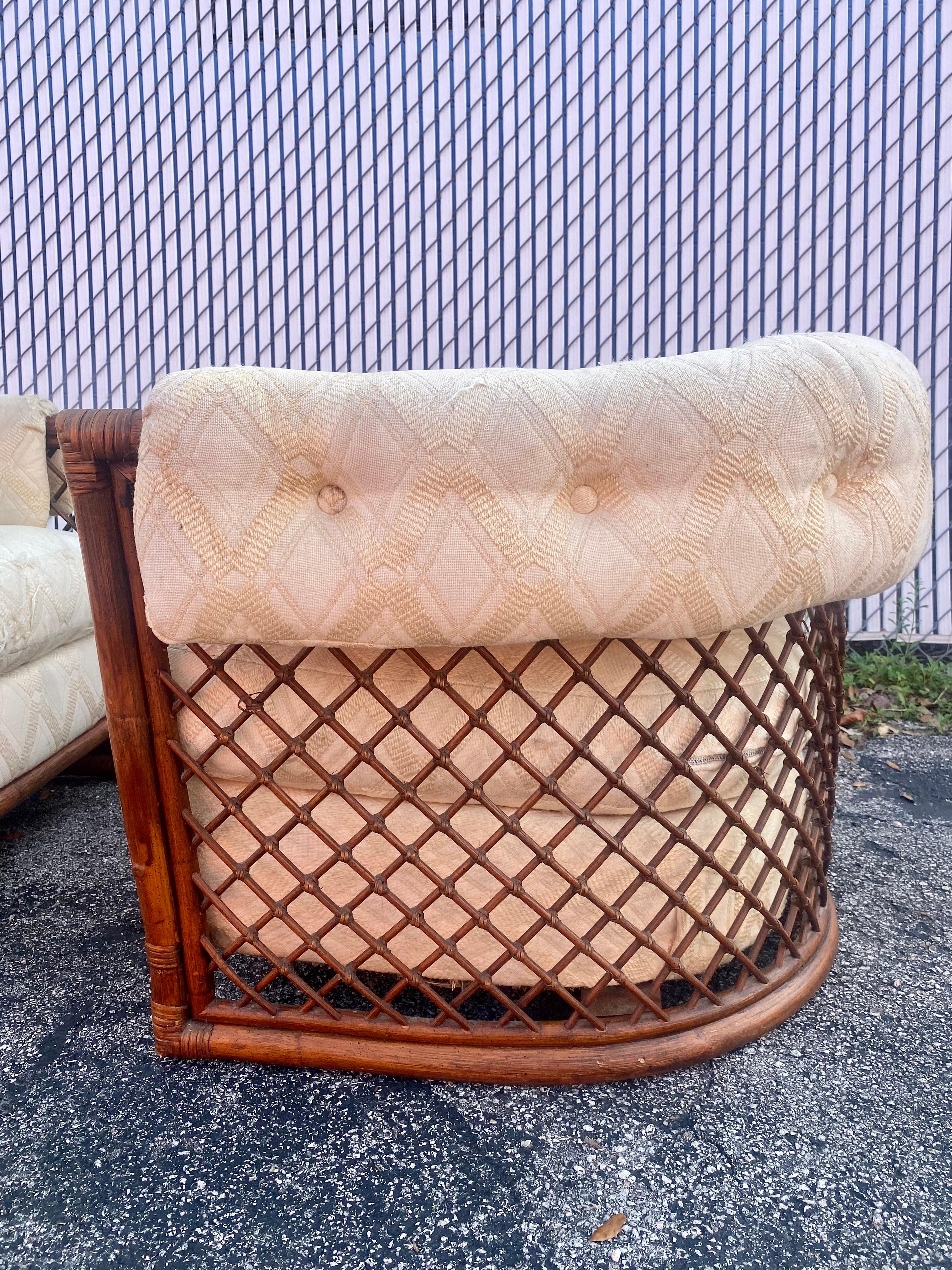 1960s Rare Rattan Lattice Sculptural Tub Barrel Chairs, Set of 2 For Sale 3