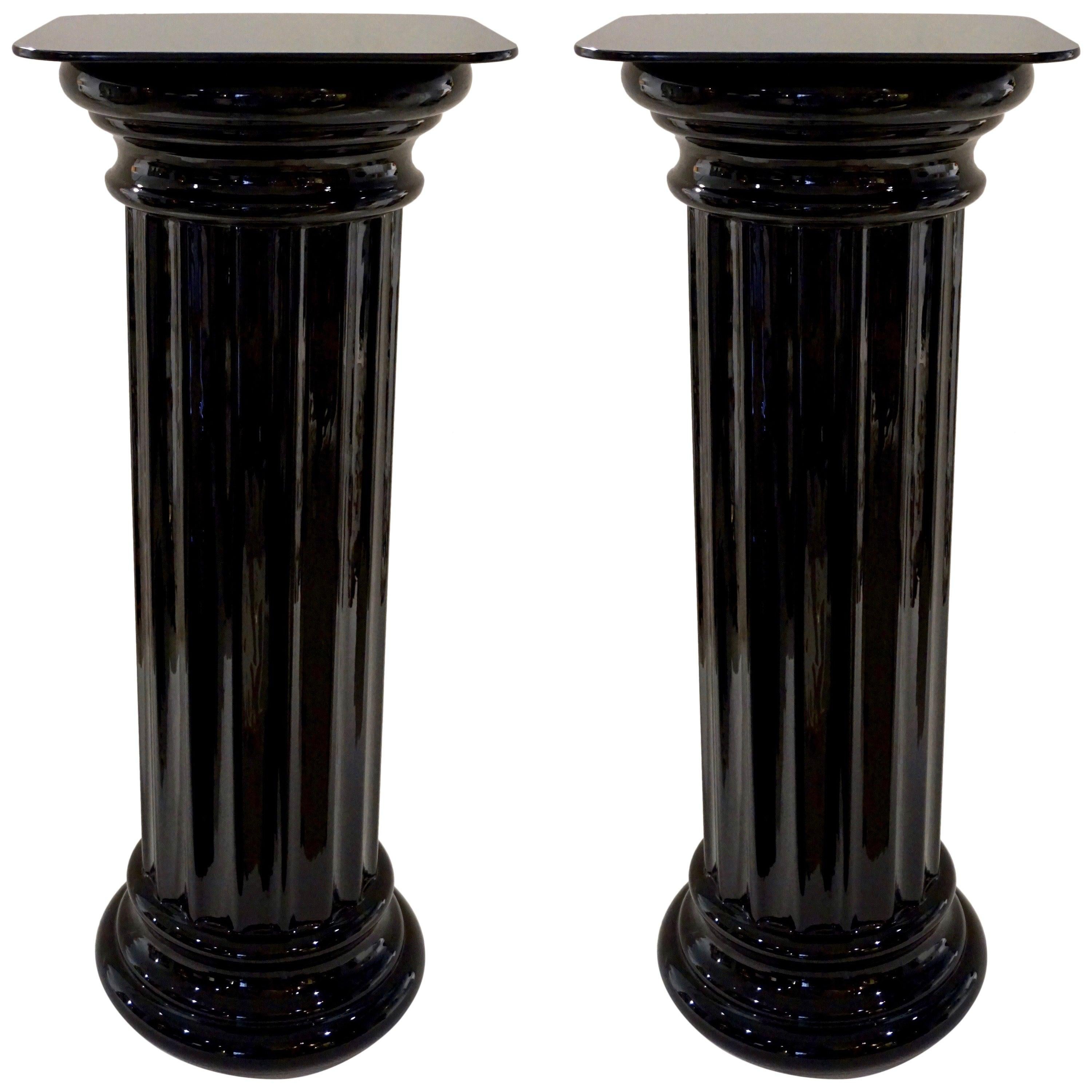 1960s Rare Pair of Italian Art Deco Black Glass Round Columns
